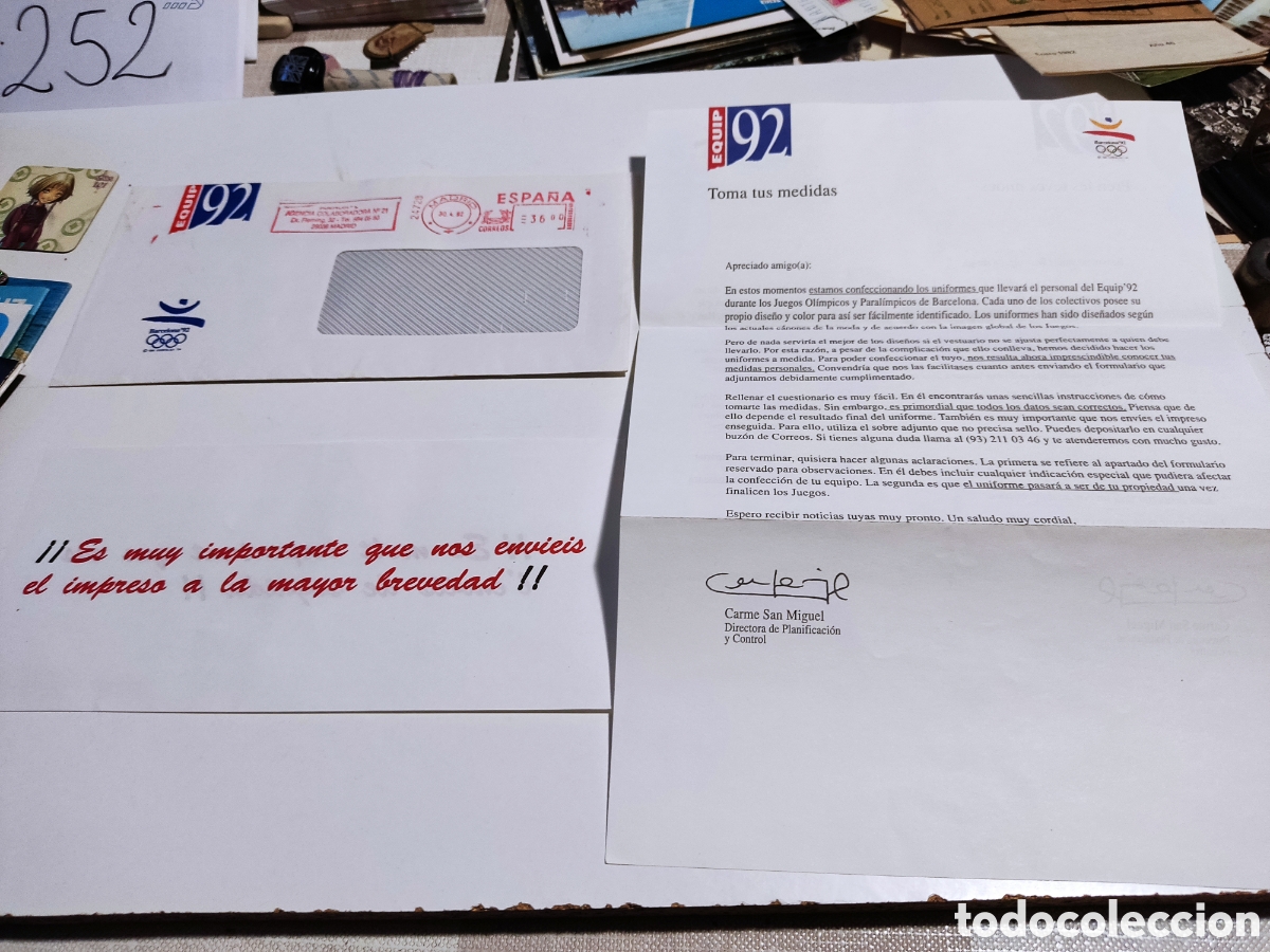 Otros art&iacute;culos de coleccionismo en papel: Sobre con Carta para confeccionar los uniformes Barcelona 92