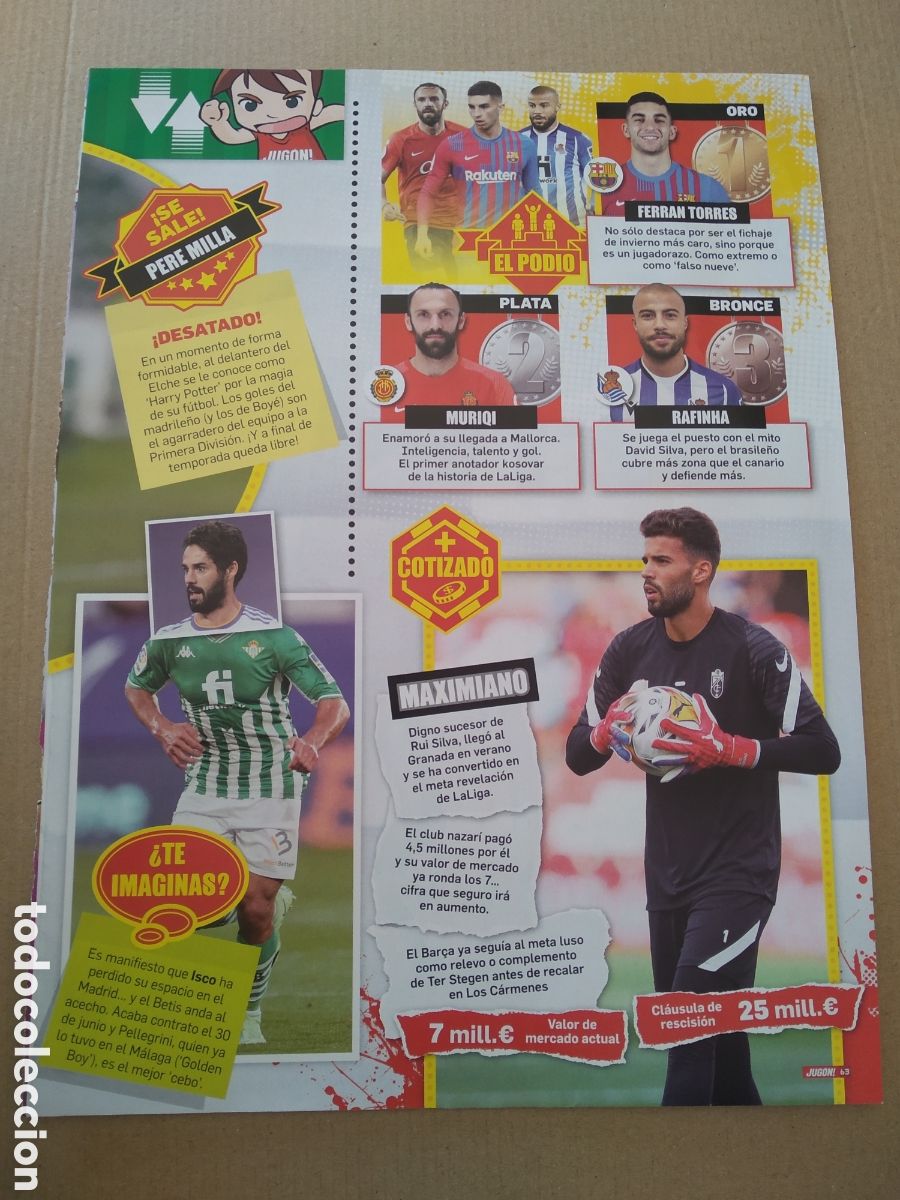 Otros Art&iacute;culos de Coleccionismo en Papel: HOJA REVISTA JUGON ISCO MAXIMIANO RAFINHA MURIQI FERRAN TORRES CROMO FUTBOL PANINI ADRENALYN ED ESTE