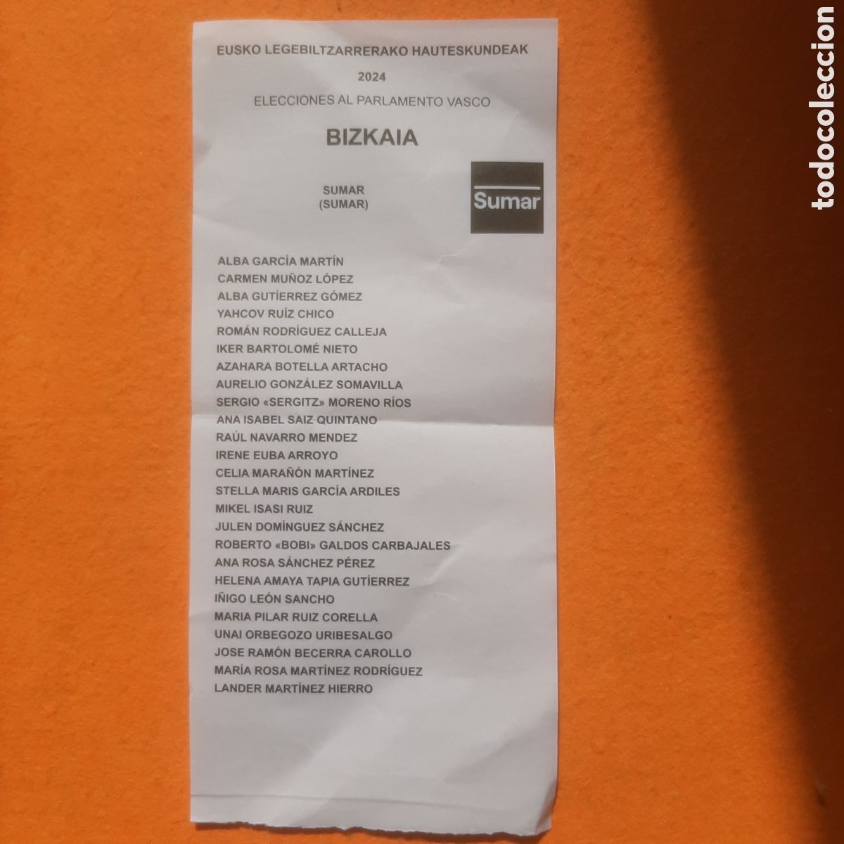 Otros Art&iacute;culos de Coleccionismo en Papel: SUMAR - ELECCIONES VASCAS . 2024 - .PAPELETA BIZKAIA . .PARLAMENTO VASCO. EUSKADI