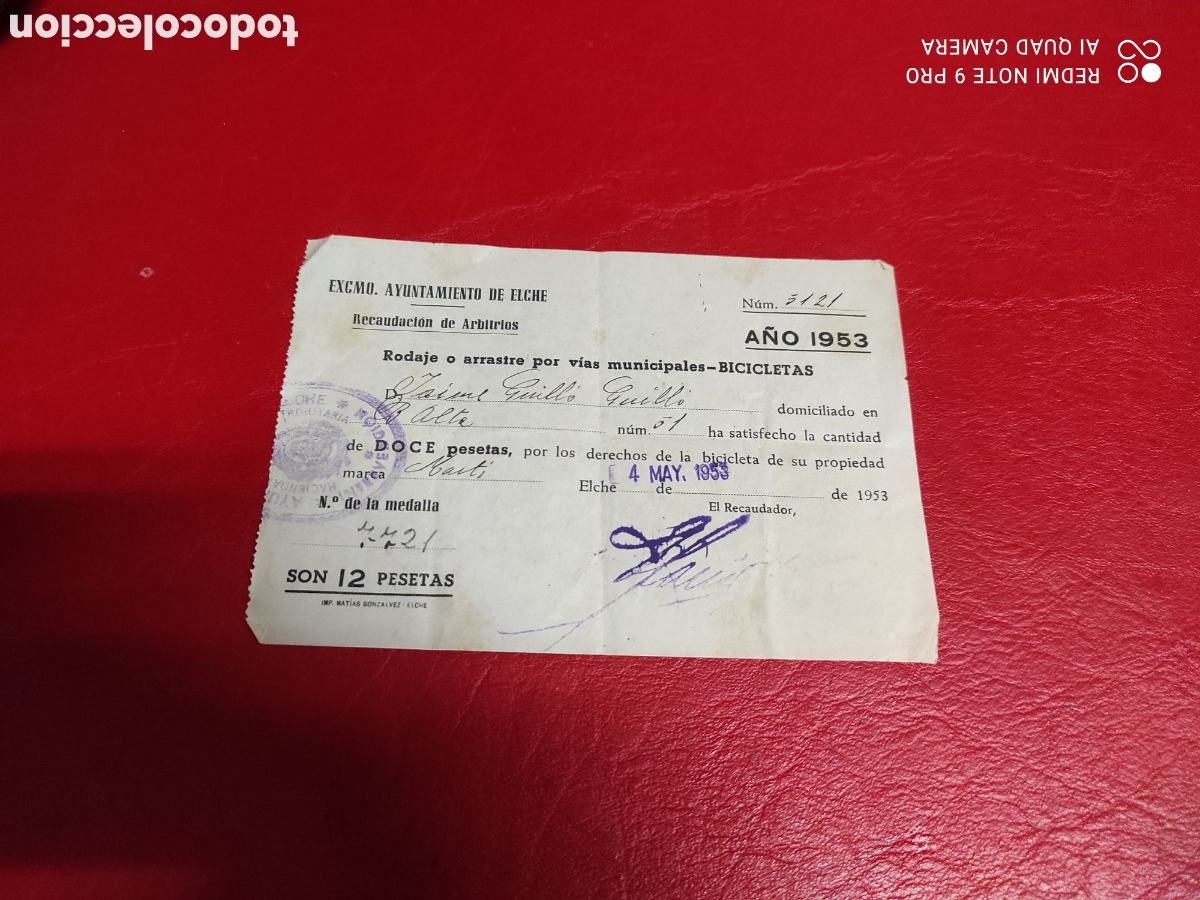 Otros Art&iacute;culos de Coleccionismo en Papel: Recaudaci&oacute;n de arbitrios, por bicicletas, Ayuntamiento de Elche a&ntilde;o 1953
