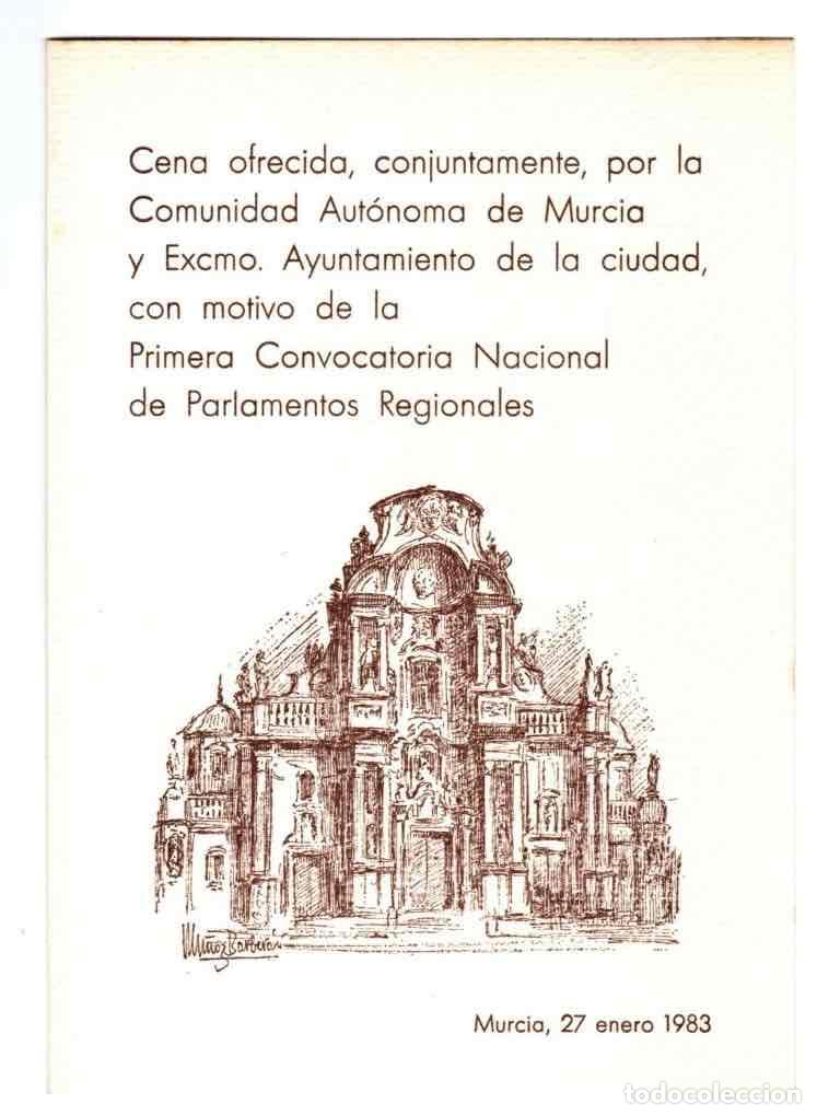 Otros art&iacute;culos de coleccionismo en papel: MENU CENA OFRECIDA POR LA COMUNIDAD DE MURCIA Y AYUNTAMIENTO. 27 ENERO 1983