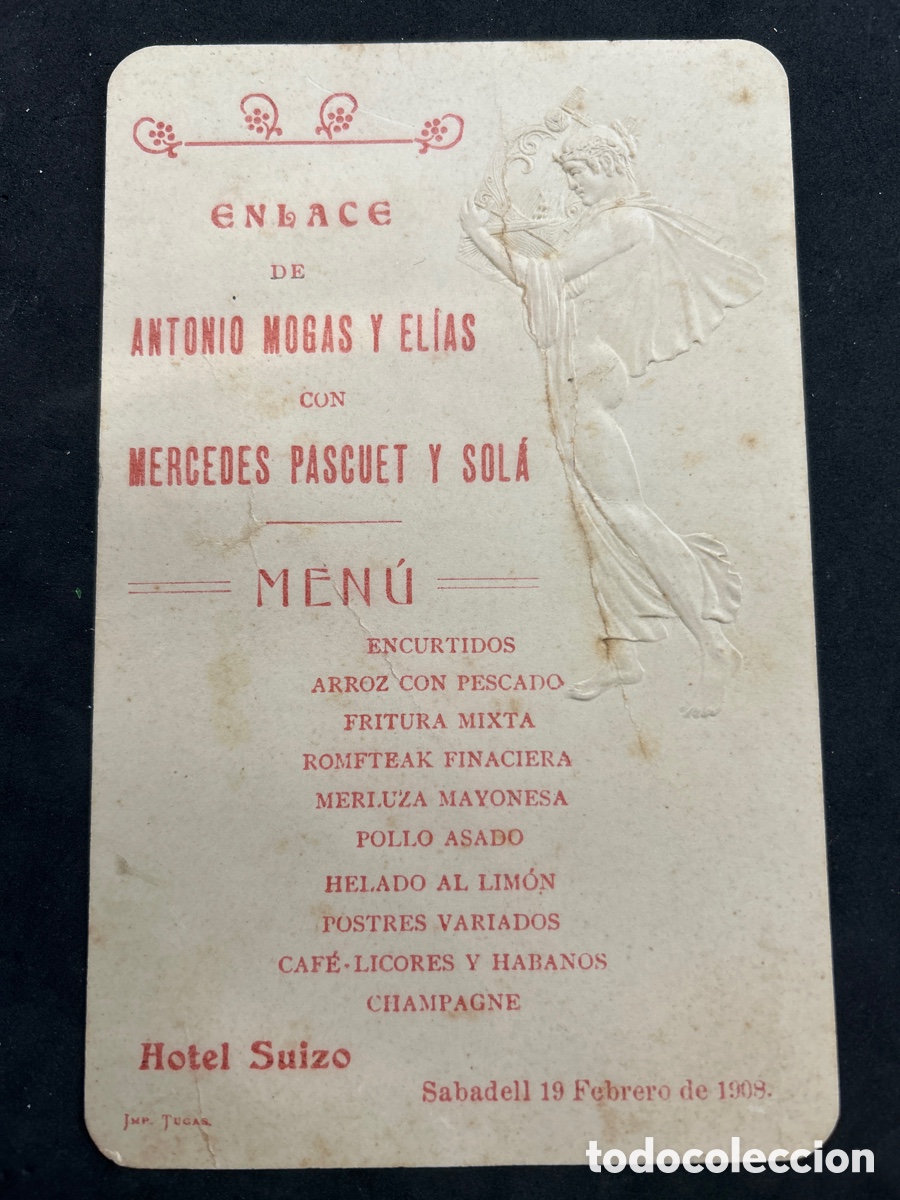 Otros art&iacute;culos de coleccionismo en papel: Men&uacute; de boda 1908 Hotel Suizo Sabadell