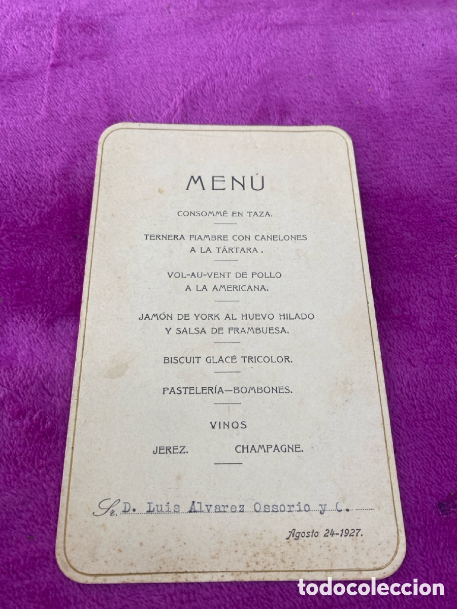 Otros art&iacute;culos de coleccionismo en papel: ANTIGUO MEN&Uacute; DE BAR 1927,D.luis &Aacute;lvarez ossorio