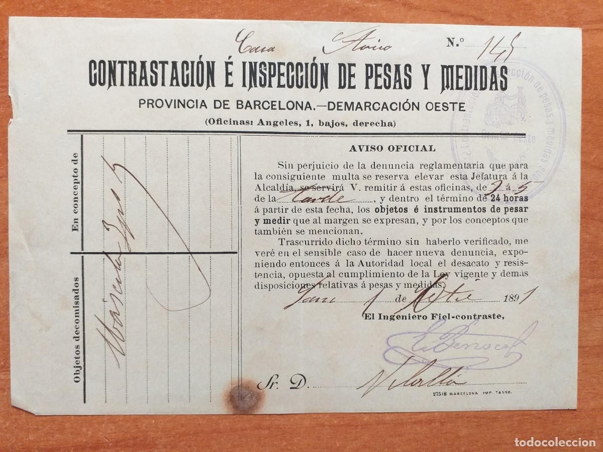 Altri oggetti di carta: 1891 - IMPRESO DE DECOMISO OBJETOS O INSTRUMENTOS DE PESAR - BARCELONA