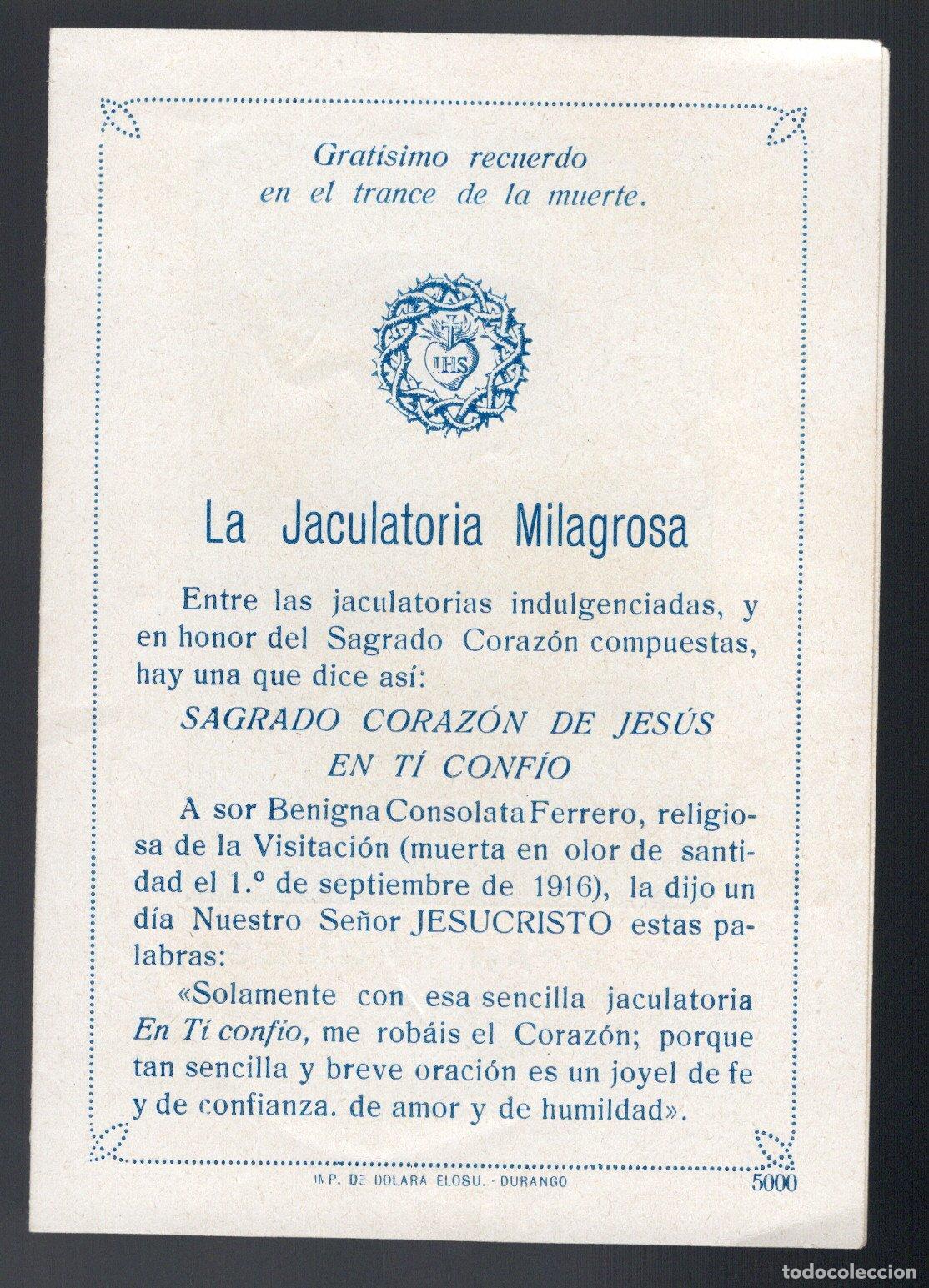 Sammelleidenschaft Andere Papierartikel: LA JACULATORIA MILAGROSA - IMP. DE DOLARA ELOSU (DURANGO)