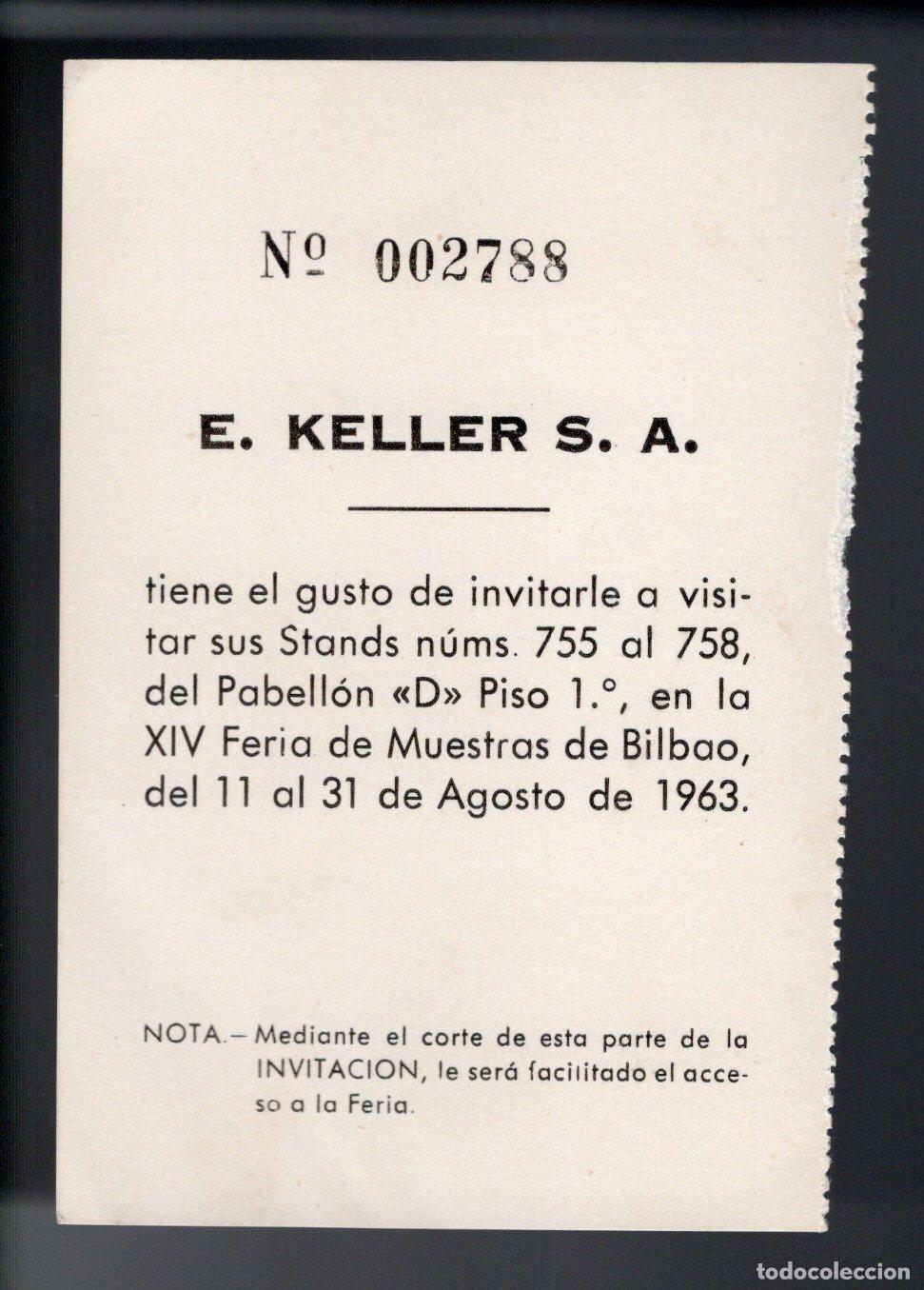 Sammelleidenschaft Andere Papierartikel: INVITACI&Oacute;N PARA VISITAR STANDS E. KELLER S.A. EN LA FERIA DE MUESTRAS DEL BILBAO - AGOSTO 1963
