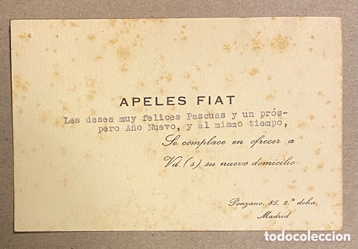 Otros Art&iacute;culos de Coleccionismo en Papel: FIAT APELES (C/PONZANO MADRID). ANTIGUA TARJETA DE FELICITACI&Oacute;N NAVIDE&Ntilde;A.