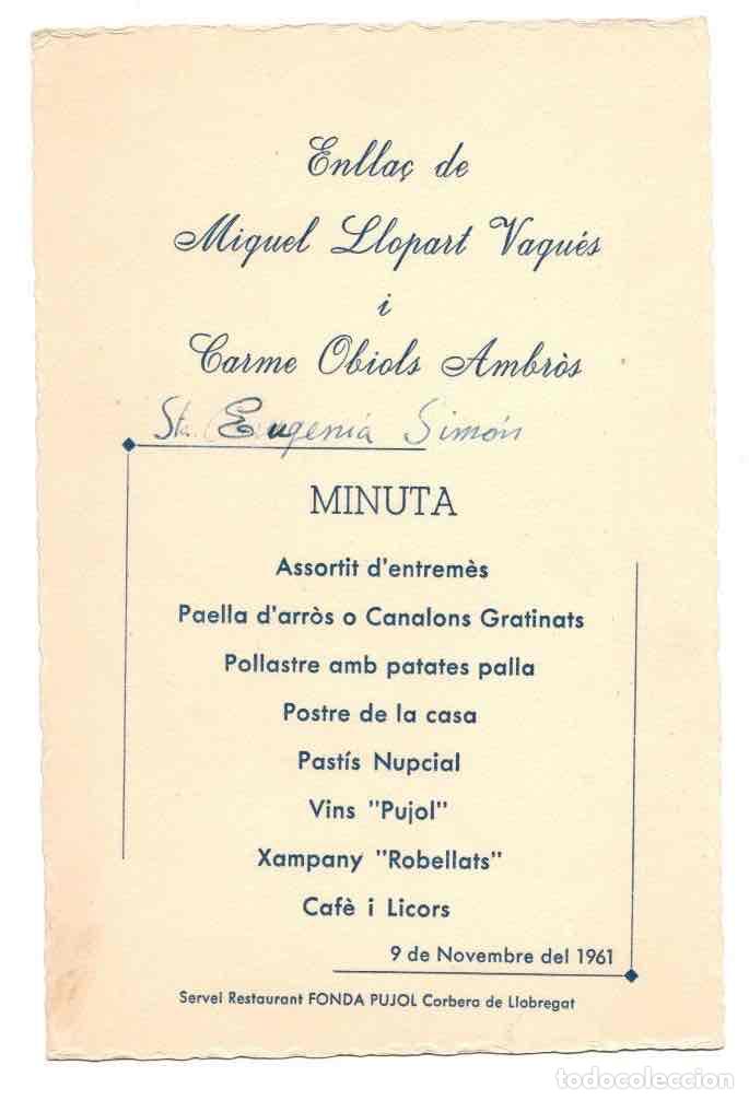 Otros art&iacute;culos de coleccionismo en papel: MENU ENLLA&Ccedil; ENLACE EN RESTAURANT FONDA PUJOL, CORBERA DE LLOBREGAT. 9 NOVIEMBRE 1961