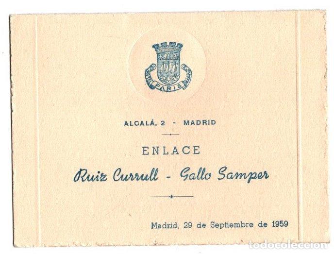 Otros art&iacute;culos de coleccionismo en papel: TARJETON MENU ENLACE EN HOTEL PARIS, MADRID 29 SEPTIEMBRE DE 1959