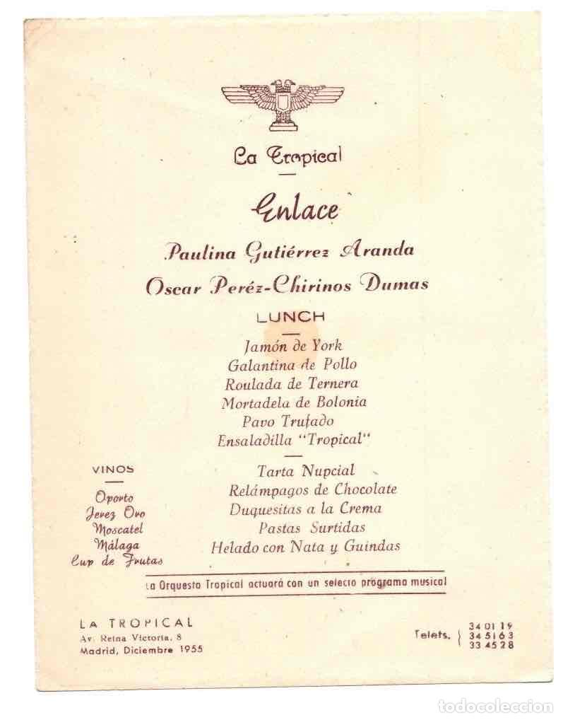 Otros art&iacute;culos de coleccionismo en papel: MENU ENLACE LA TROPICAL MADRID, DICIEMBRE DE 1955