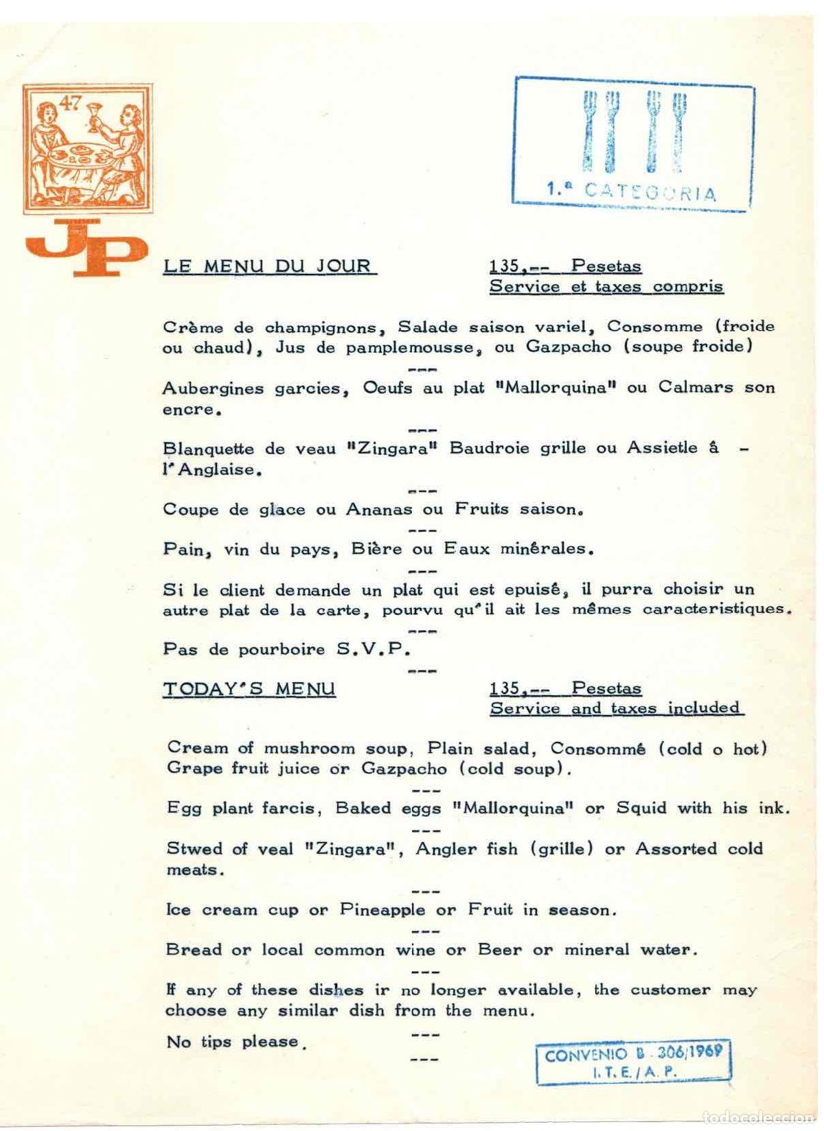 Otros art&iacute;culos de coleccionismo en papel: MENU PRIMERA CATEGORIA EN FRANCES E INGLES. A&Ntilde;O 1969