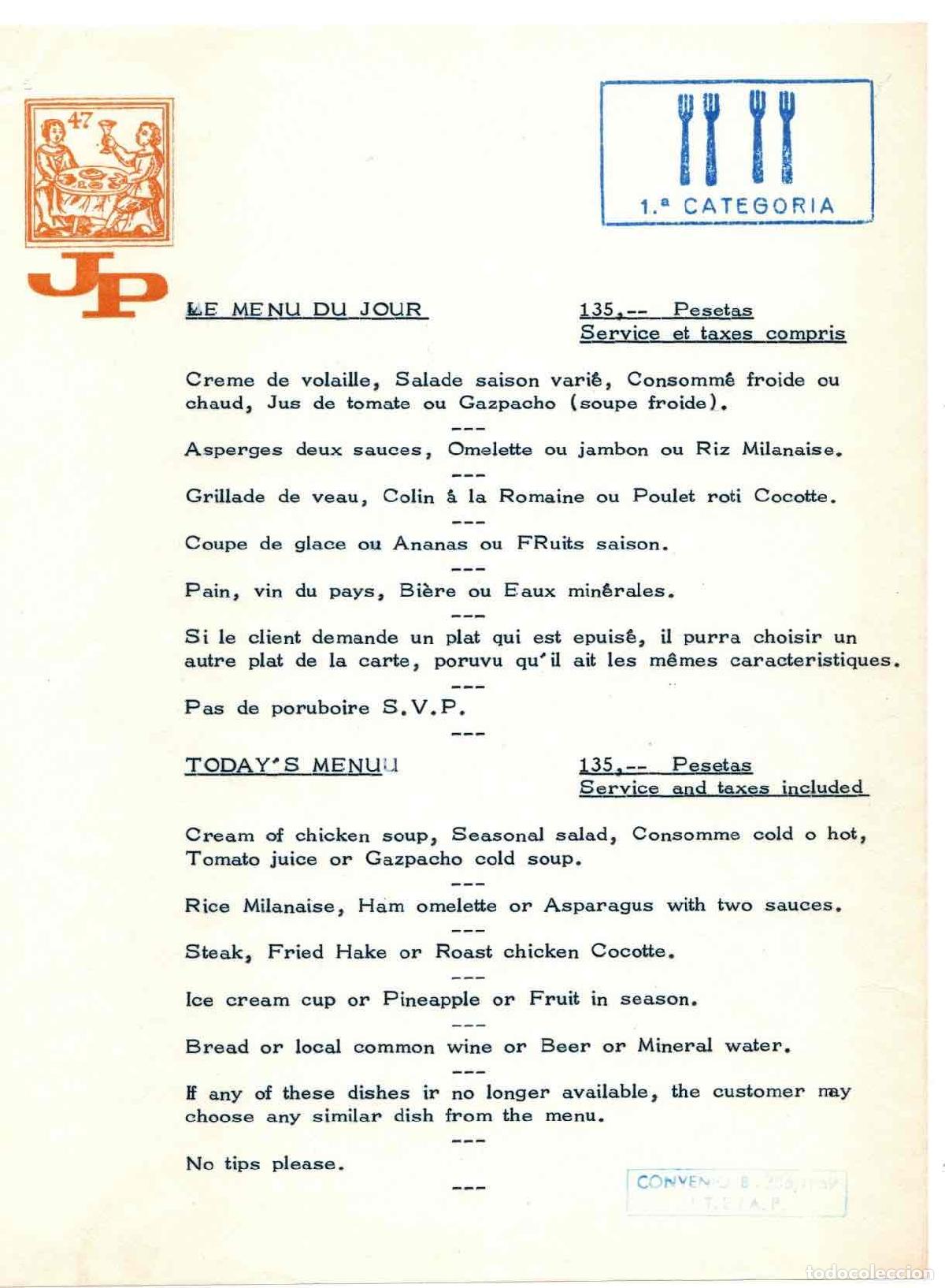 Otros art&iacute;culos de coleccionismo en papel: MENU PRIMERA CATEGORIA EN FRANCES E INGLES. A&Ntilde;O 1969
