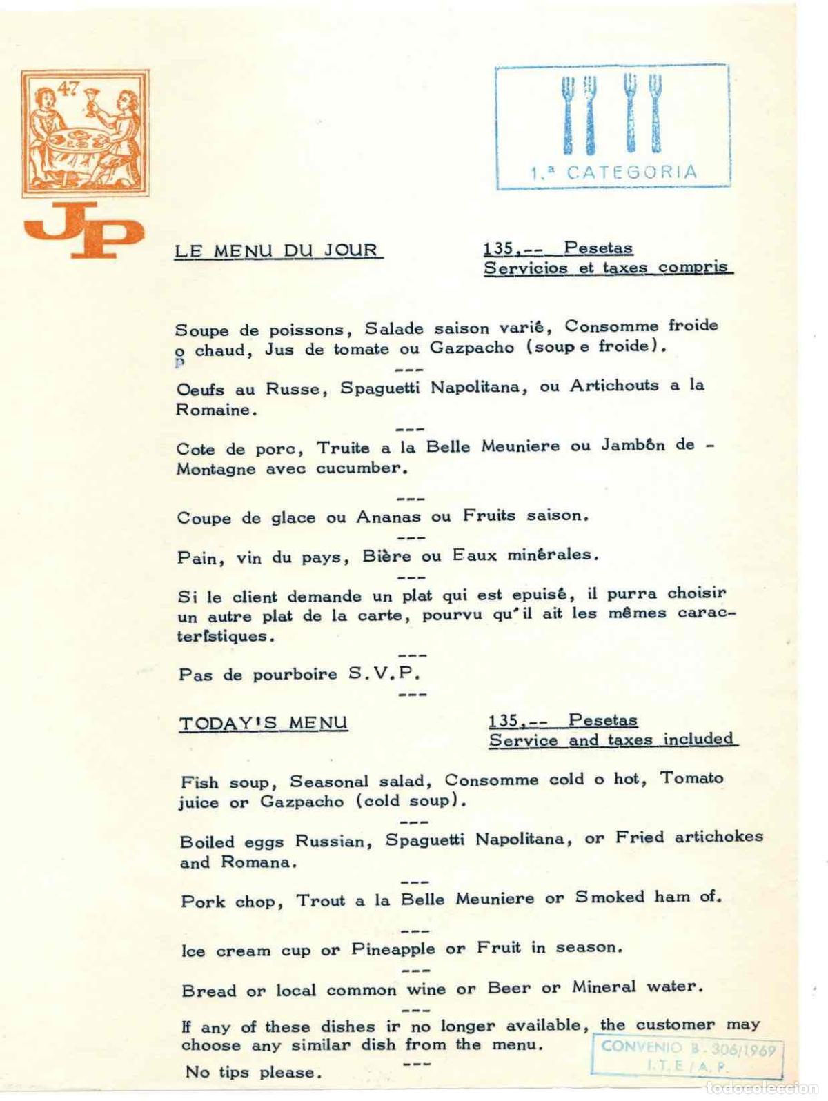 Otros art&iacute;culos de coleccionismo en papel: MENU PRIMERA CATEGORIA EN FRANCES E INGLES. A&Ntilde;O 1969