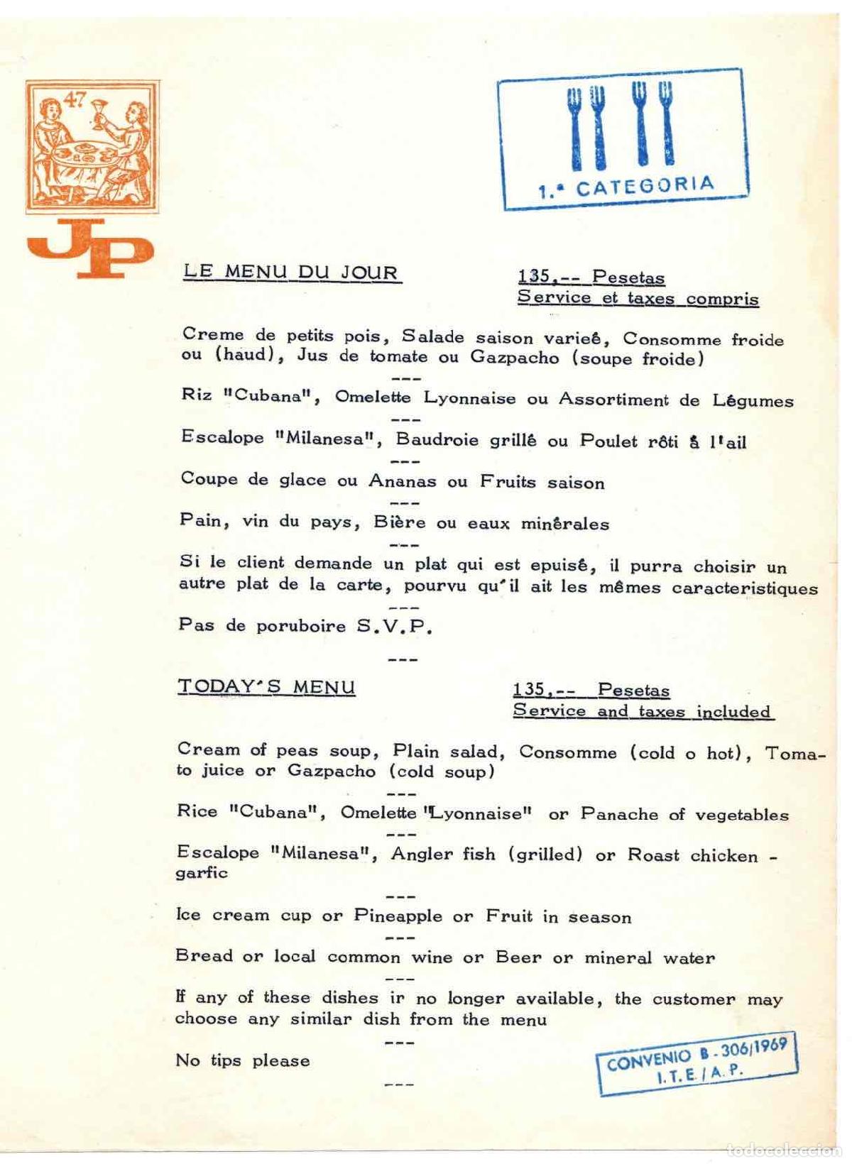 Otros art&iacute;culos de coleccionismo en papel: MENU PRIMERA CATEGORIA EN FRANCES E INGLES. A&Ntilde;O 1969