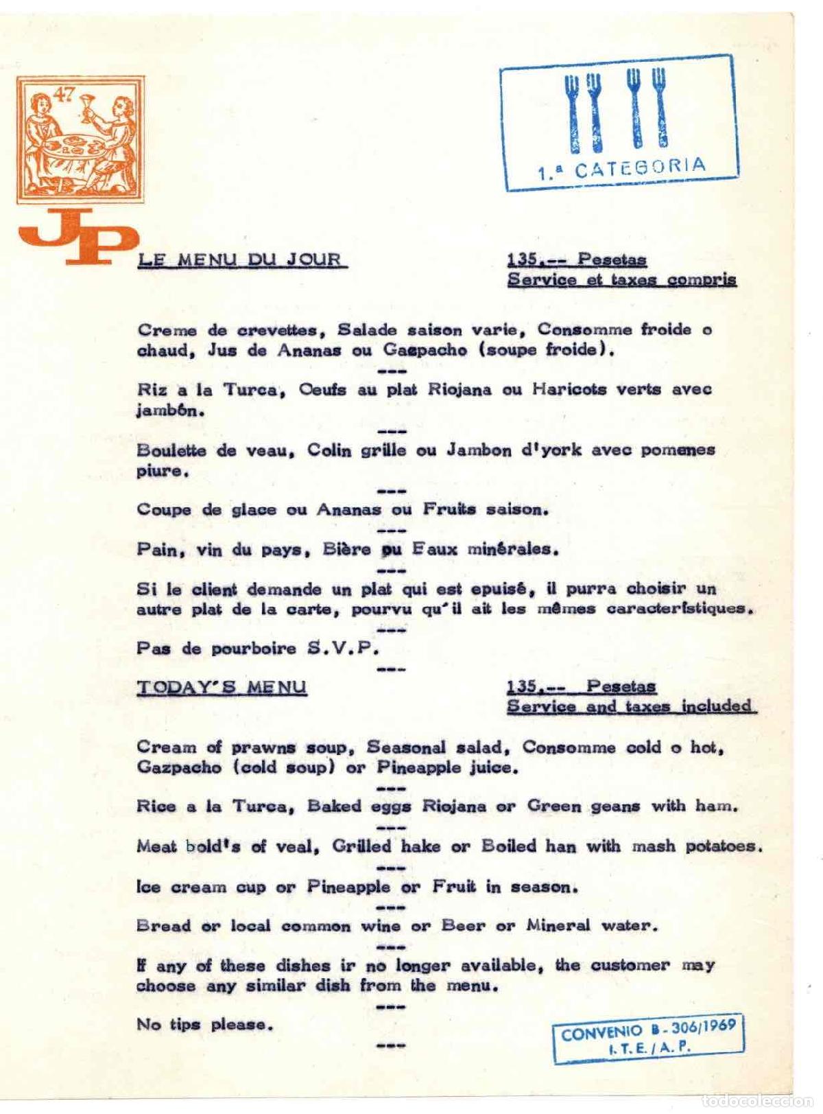 Otros art&iacute;culos de coleccionismo en papel: MENU PRIMERA CATEGORIA EN FRANCES E INGLES. A&Ntilde;O 1969