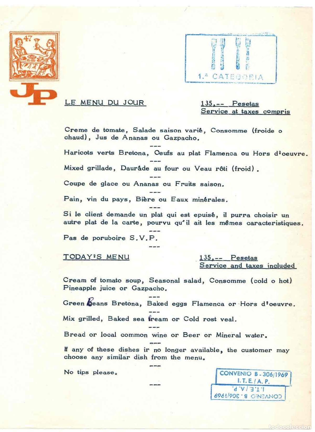 Otros art&iacute;culos de coleccionismo en papel: MENU PRIMERA CATEGORIA EN FRANCES E INGLES. A&Ntilde;O 1969