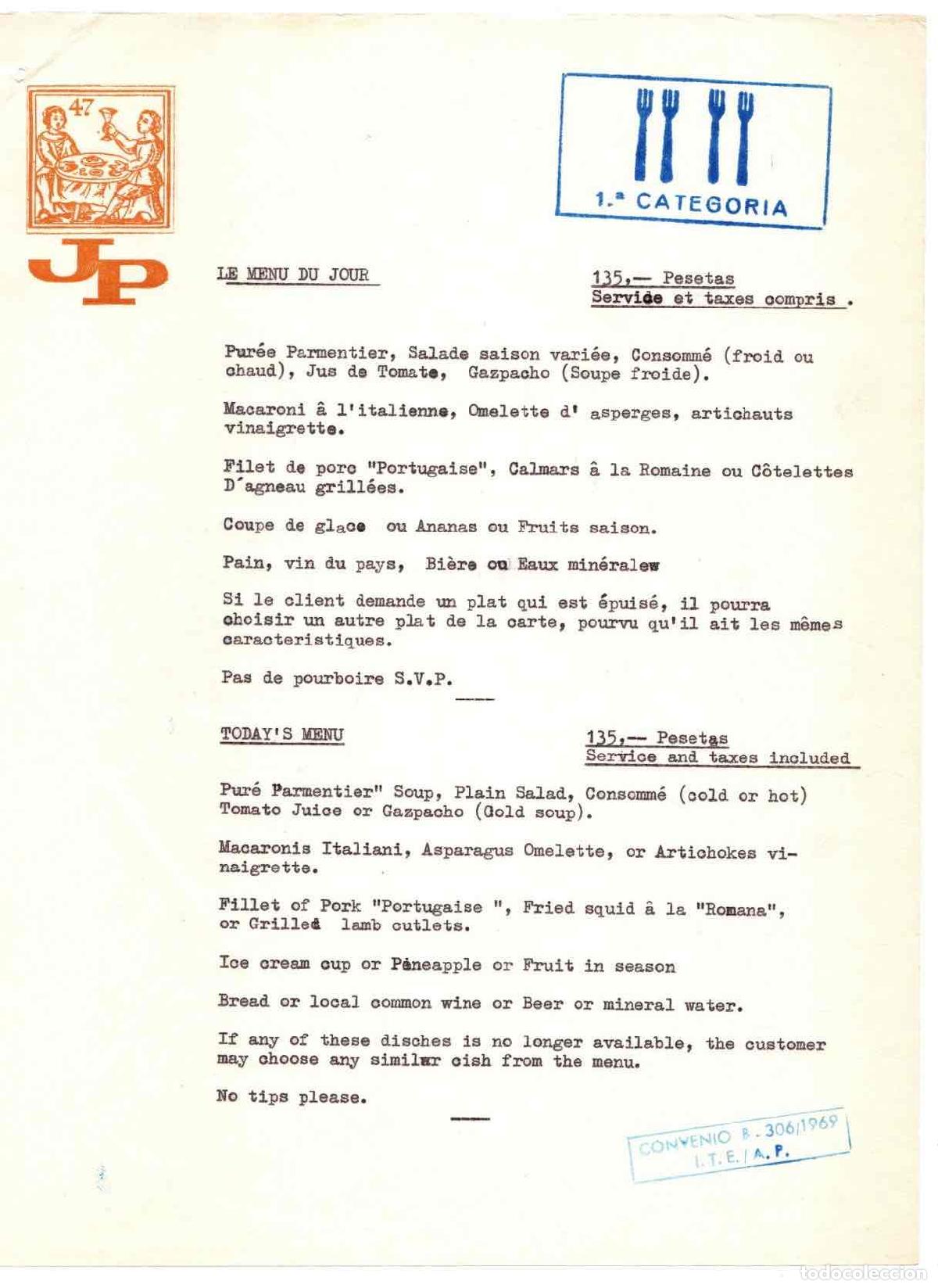 Otros art&iacute;culos de coleccionismo en papel: MENU PRIMERA CATEGORIA EN FRANCES E INGLES. A&Ntilde;O 1969