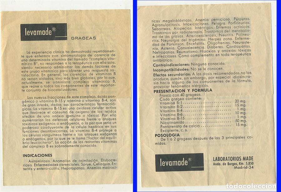 Collectionnisme Papier divers: FOLLETO DE INSTRUCCIONES Y CARACTERISTICAS DEL GRAGEAS LEVAMADE FRAMACIA LABORATORIOS MADE MADRID