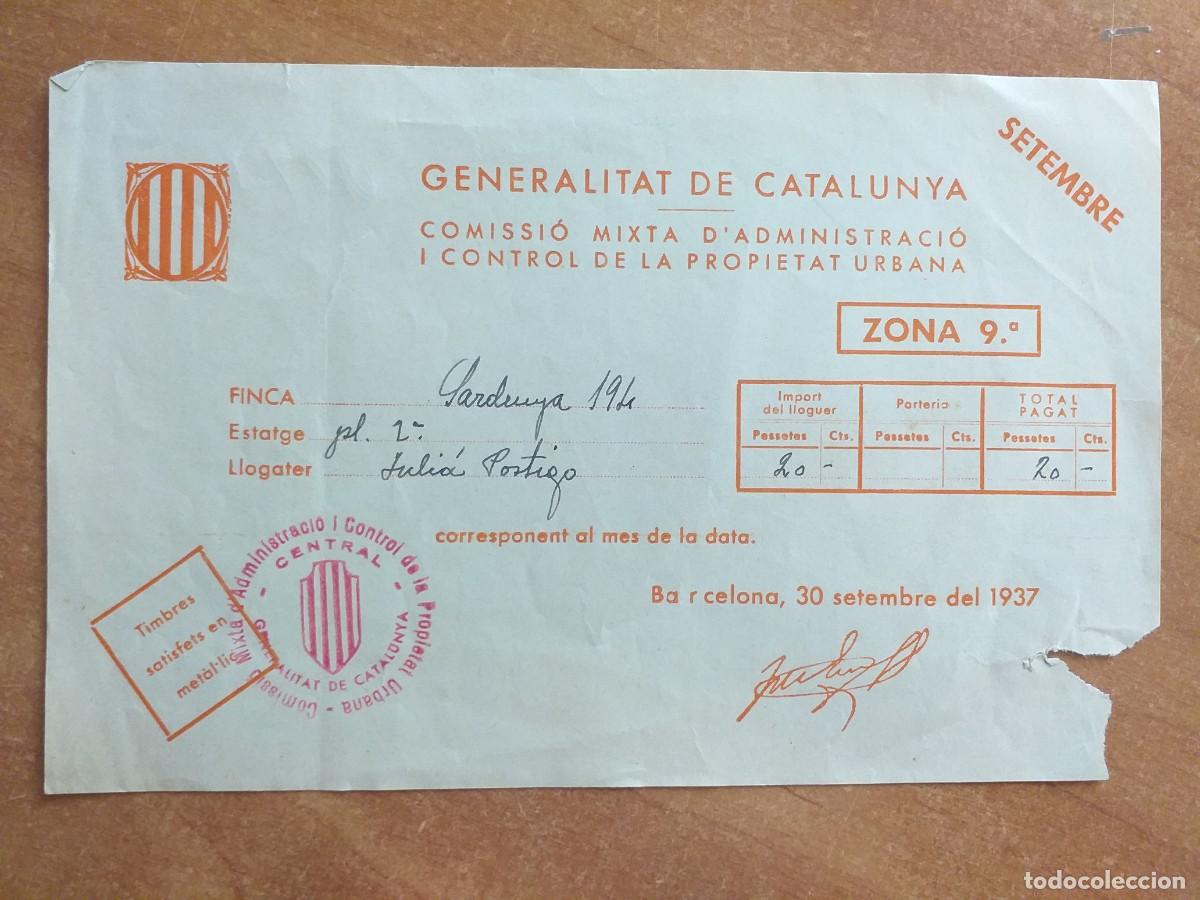 Otros Art&iacute;culos de Coleccionismo en Papel: 1937 - GENERALITAT DE CATALUNYA - RECIBO IMPORTE DEL ALQUILER / EN CATAL&Aacute;N / BARCELONA