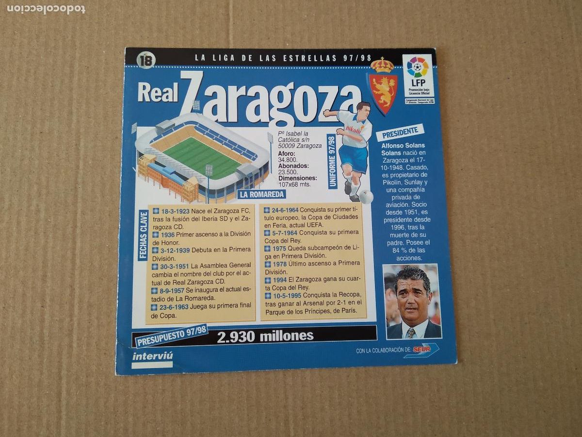 Otros Art&iacute;culos de Coleccionismo en Papel: ZARAGOZA FICHA DE LOS 20 CLUBES DE PRIMERA DIVISION 97-98 LIGA FUTBOL 1997-1998 INTERVIU