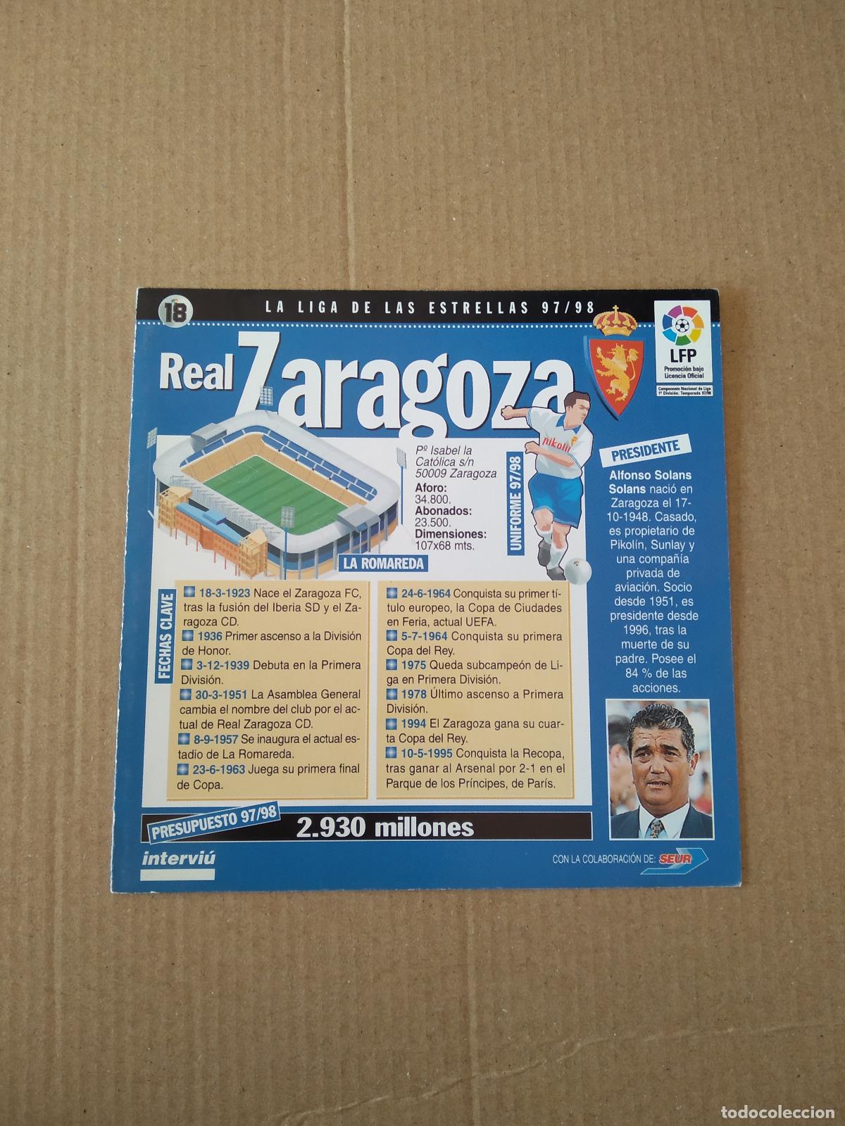 Otros Art&iacute;culos de Coleccionismo en Papel: ZARAGOZA FICHA DE LOS 20 CLUBES DE PRIMERA DIVISION 97-98 LIGA FUTBOL 1997-1998 INTERVIU