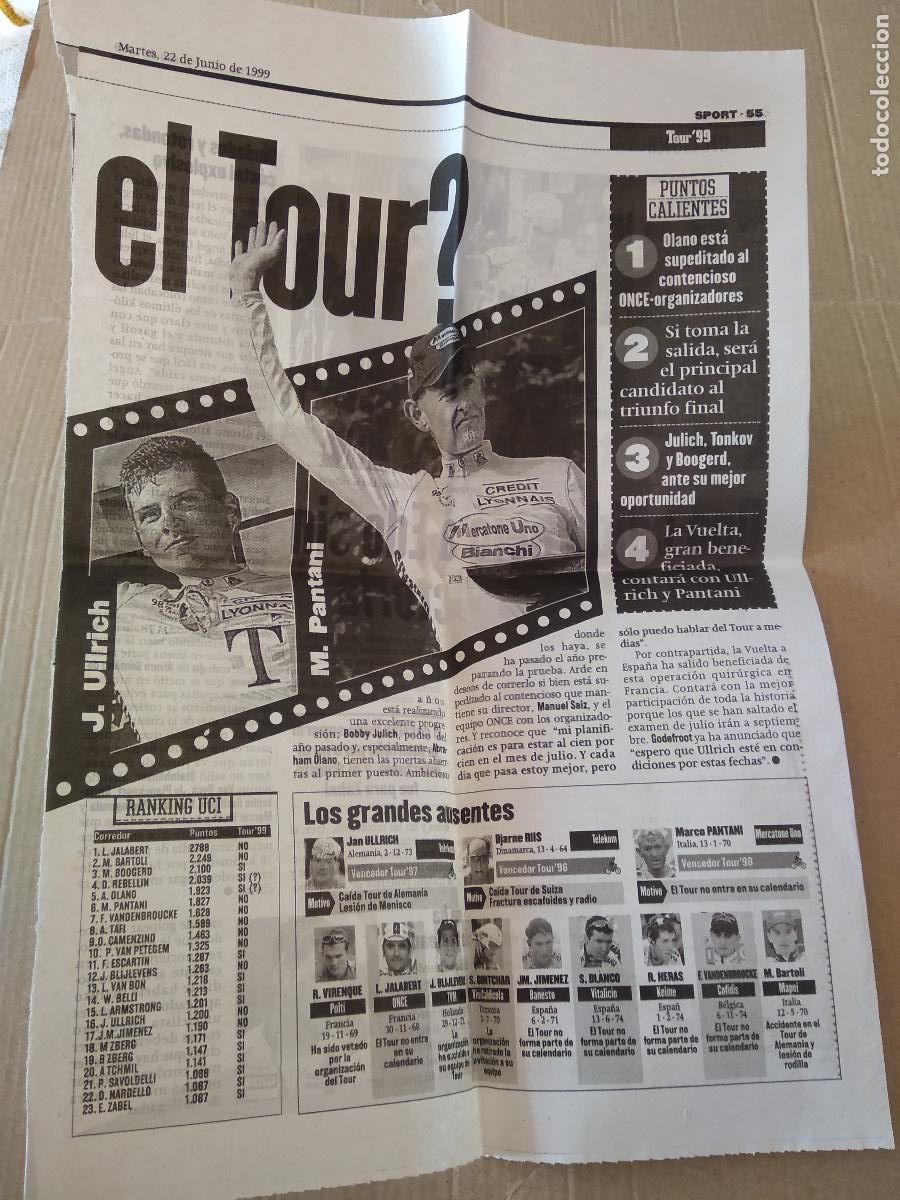 Otros Art&iacute;culos de Coleccionismo en Papel: HOJA PERIODICO SPORT A&Ntilde;O 1999 EL TOUR CICLISMO ULLRICH PANTANI ZABEL