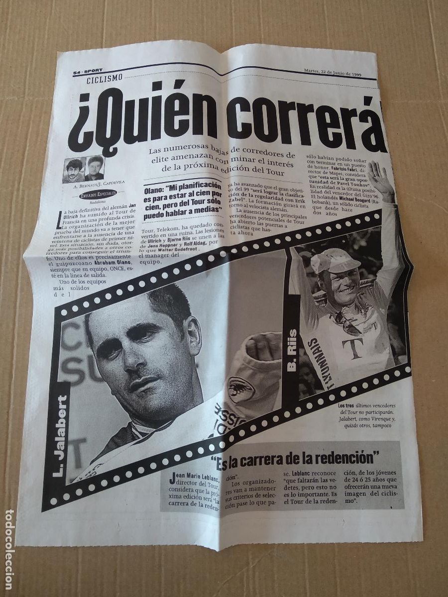 Otros Art&iacute;culos de Coleccionismo en Papel: HOJA DIARIO SPORT A&Ntilde;O 1999 CICLISMO JALABERT RIIS ALEX CRIVILLE OLGA KORBUT ABRAHAM OLANO GIMNASIA