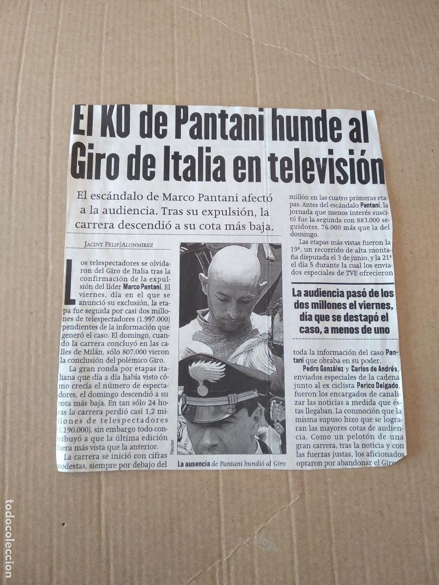 Otros Art&iacute;culos de Coleccionismo en Papel: ANTIGUO RECORTE DIARIO PERIODICO CICLISMO MARCO PANTANI KO GIRO ITALIA MIDE 15,3CM X 17,2CM