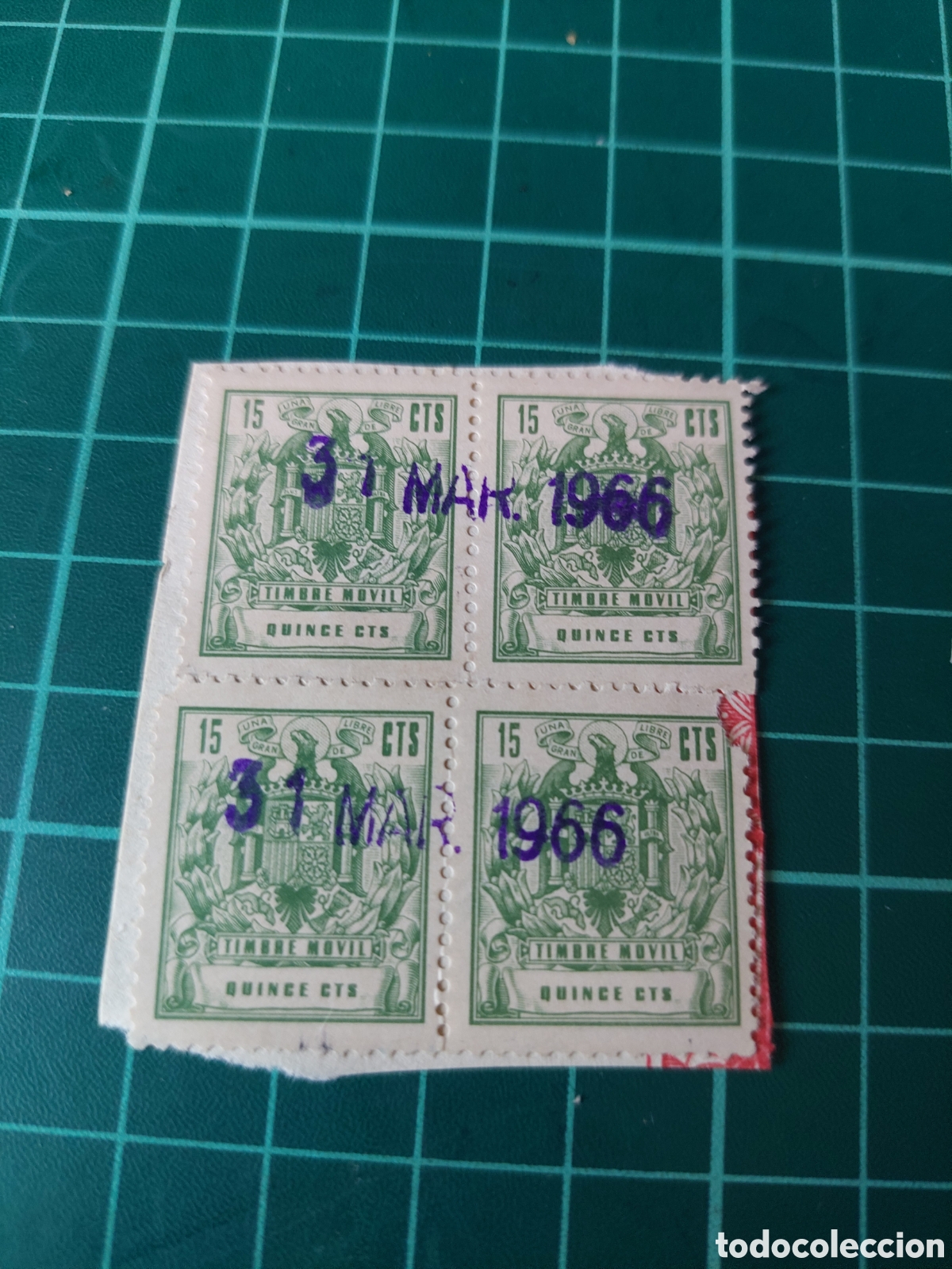 Collectionnisme Papier divers: 1966 timbre m&oacute;vil aguila franquista 15 ctmos usada bloque cuatro