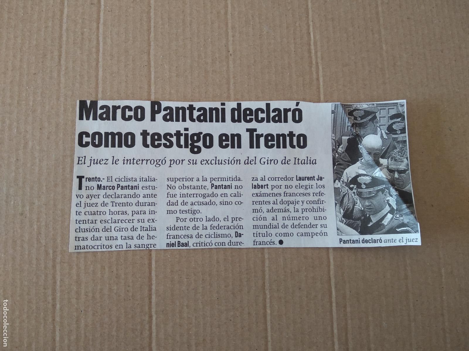 Otros Art&iacute;culos de Coleccionismo en Papel: ANTIGUO RECORTE DIARIO PERIODICO MARCO PANTANI CICLISMO MIDE 15,5CM X 6,8CM
