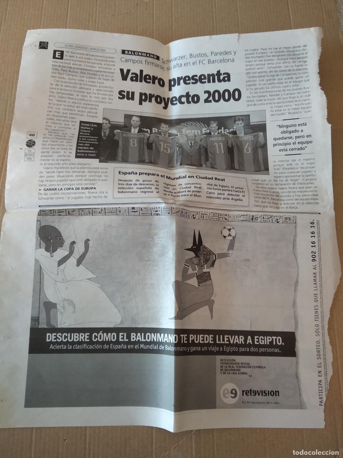 Otros Art&iacute;culos de Coleccionismo en Papel: HOJA DIARIO BALONMANO BARCELONA SCHWARZER PAREDES CAMPOS BUSTOS GIRO 99 CICLISMO VIRENQUE