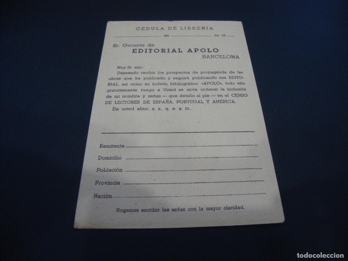Otros art&iacute;culos de coleccionismo en papel: CEDULA DE LIBRERIA EDITORIAL APOLO - Foto 2