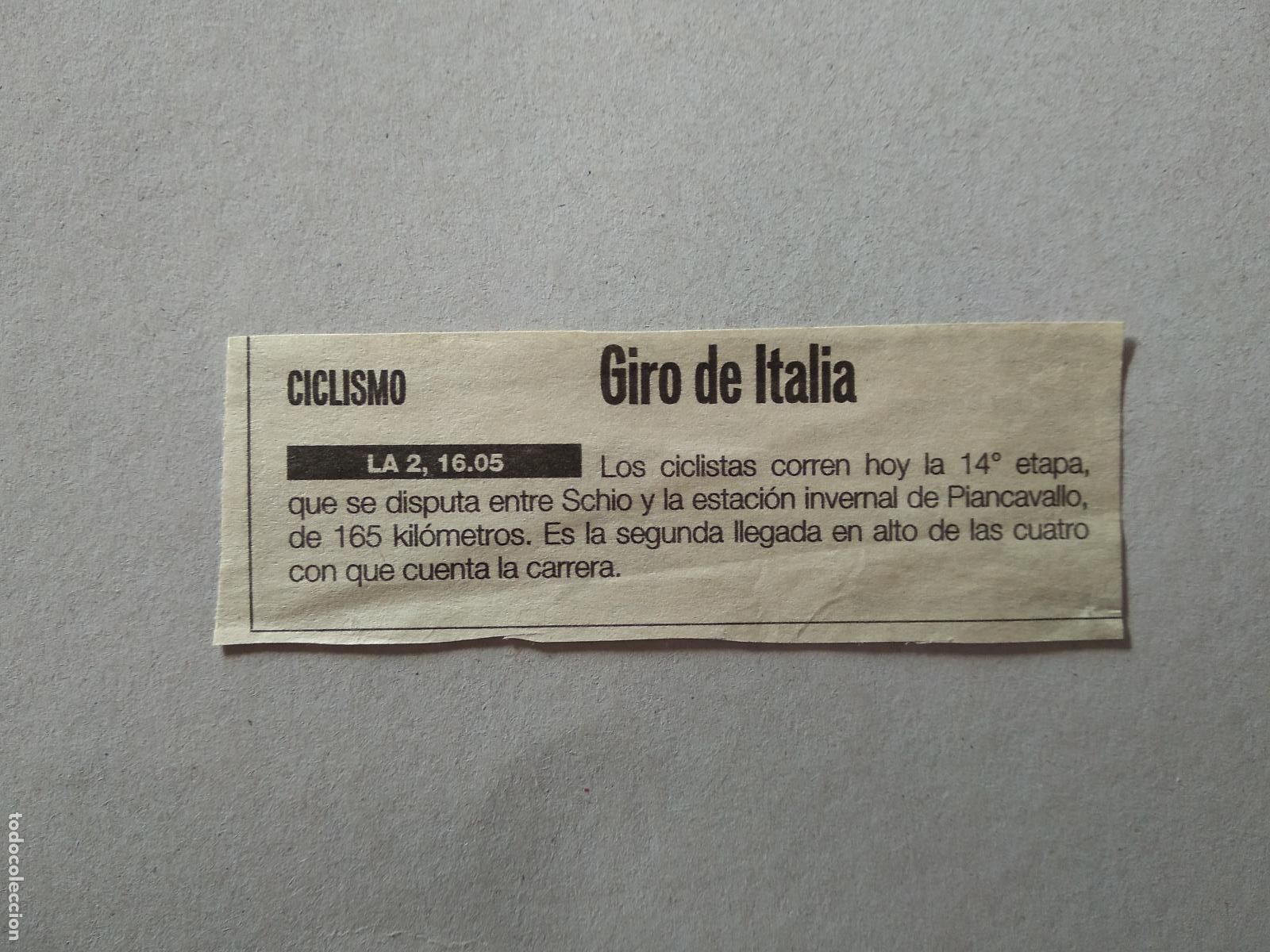 Otros Art&iacute;culos de Coleccionismo en Papel: ANTIGUO RECORTE DIARIO PERIODICO CICLISMO GIRO DE ITALIA MIDE 3,5CM X 10,1CM