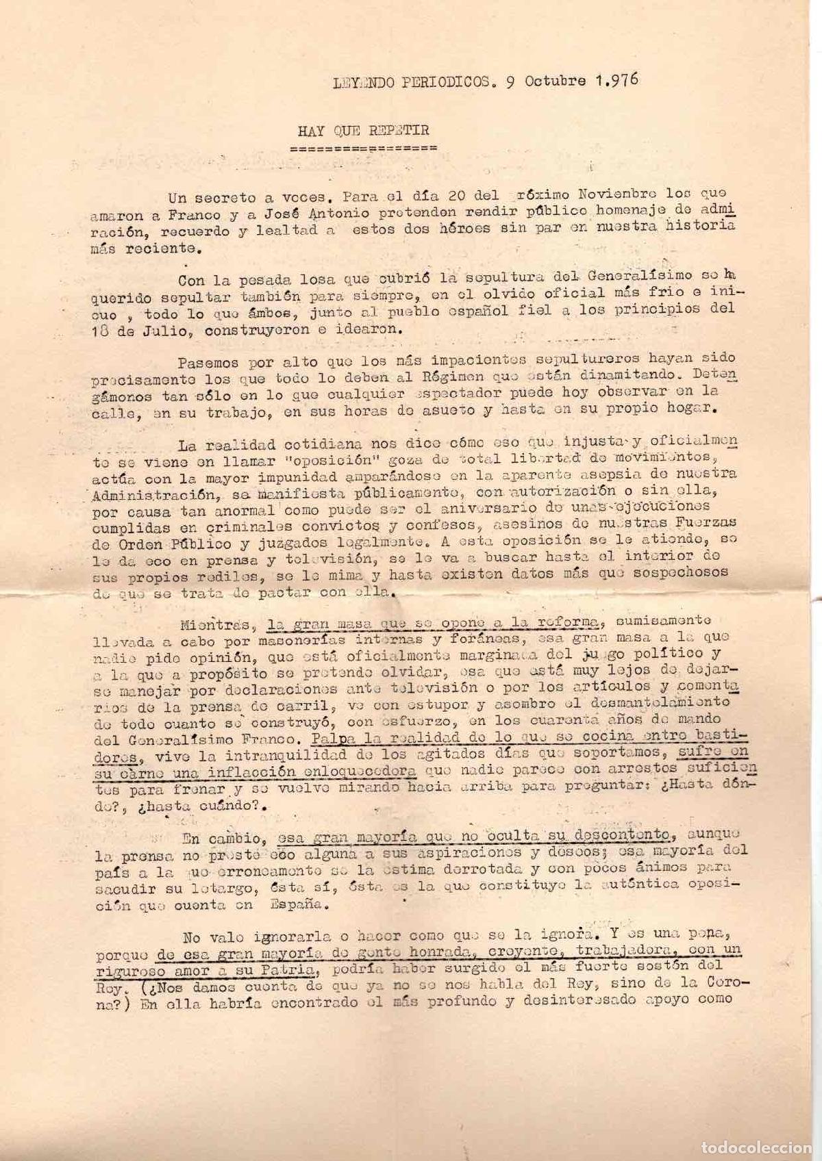 Sammelleidenschaft Andere Papierartikel: CARTA APOYO FRANQUISTA PARA CONMEMORAR LA MUERTE DE FRANCO Y JOSE ANTONIO. A&Ntilde;O 1976