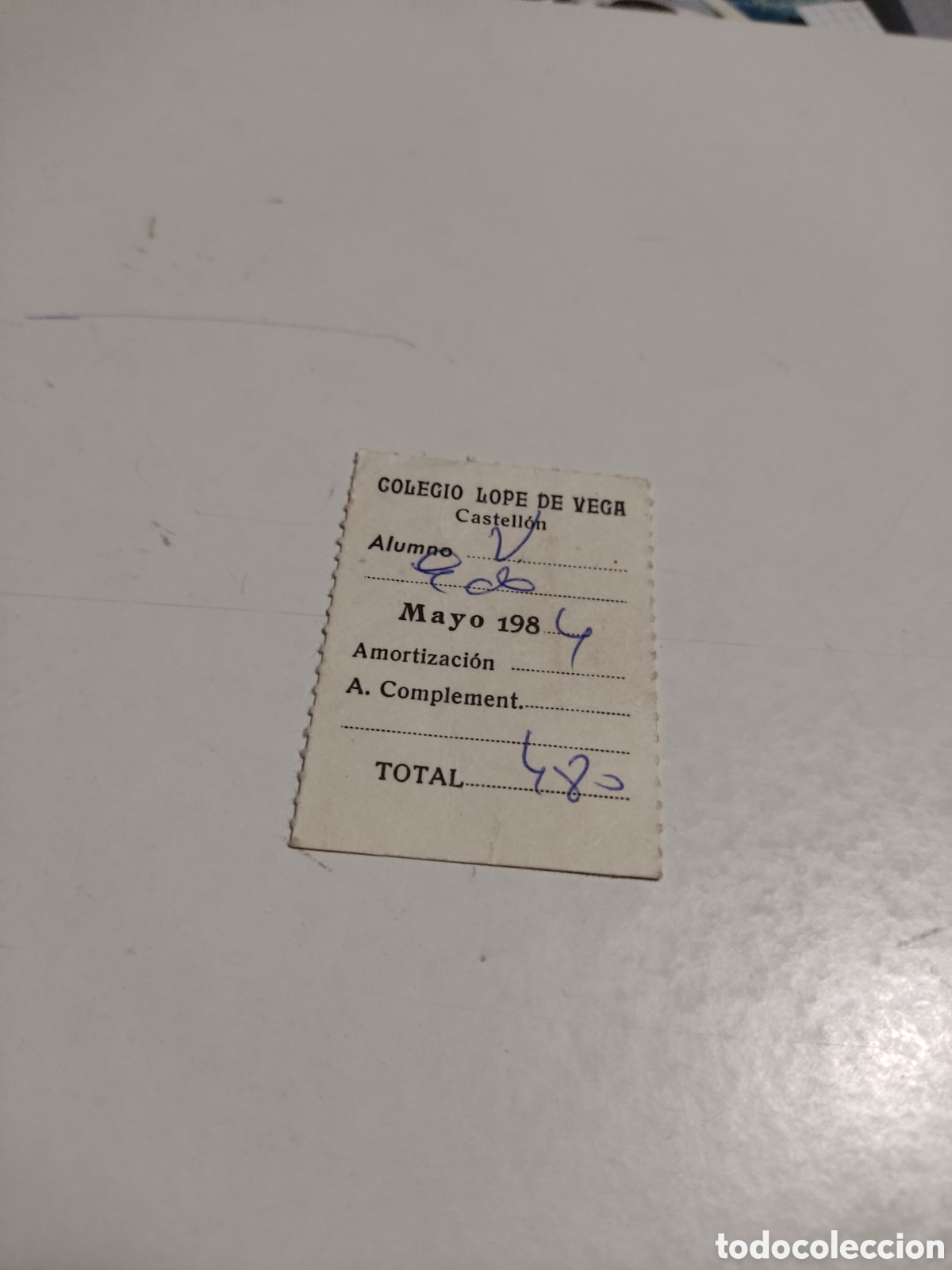 Otros Art&iacute;culos de Coleccionismo en Papel: Bono ticket de pago colegio Lope de Vega, Castell&oacute;n 1984