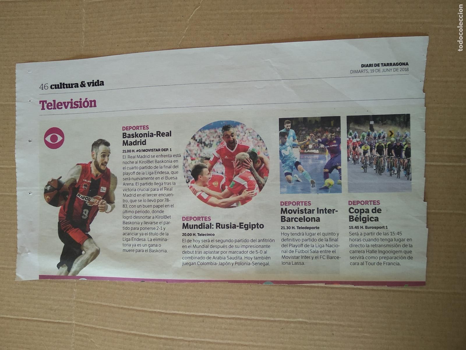 Otros Art&iacute;culos de Coleccionismo en Papel: RECORTE DIARI DE TARRAGONA MARCELINHO HUERTAS BASKONIA BASKET BAR&Ccedil;A FUTBOL SALA RUSIA CICLISMO
