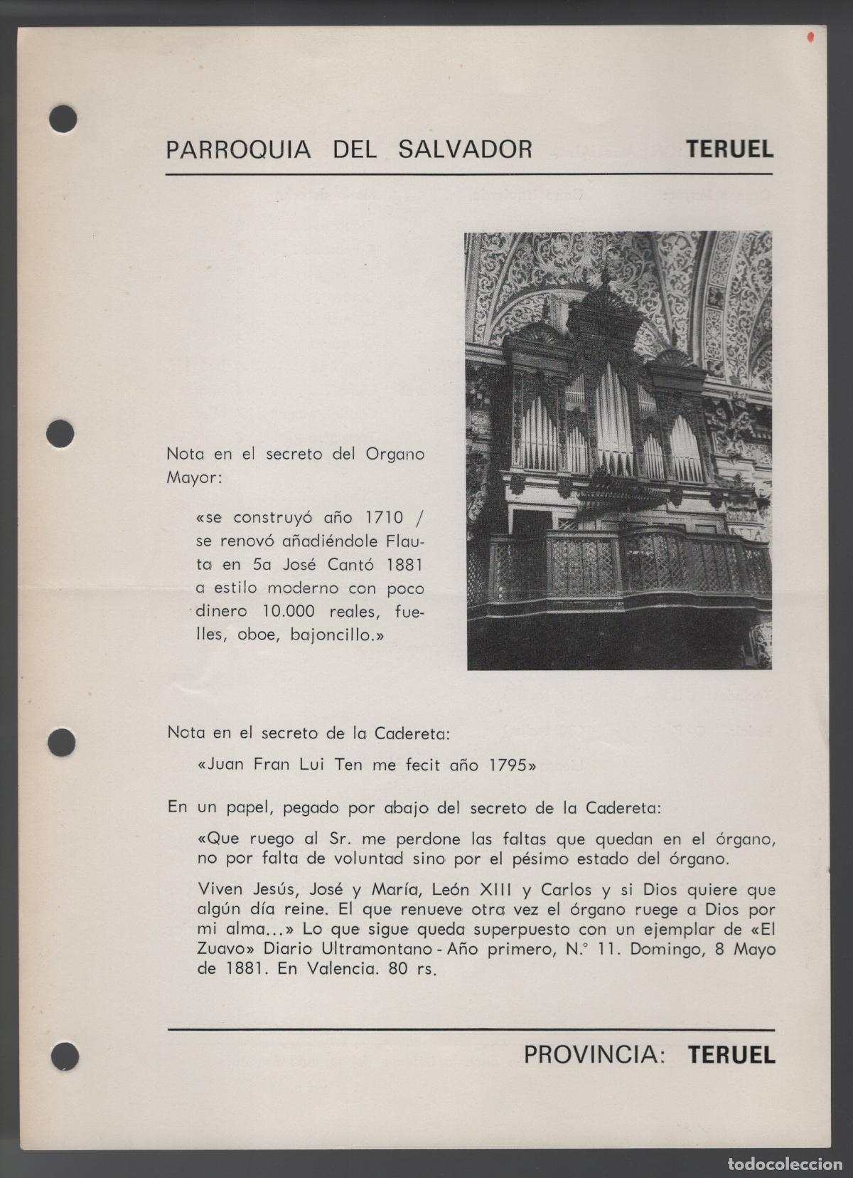 Sammelleidenschaft Andere Papierartikel: FICHA DEL ORGANO MAYOR DE LA PARROQUIA DEL SALVADOR DE TERUEL - 1977