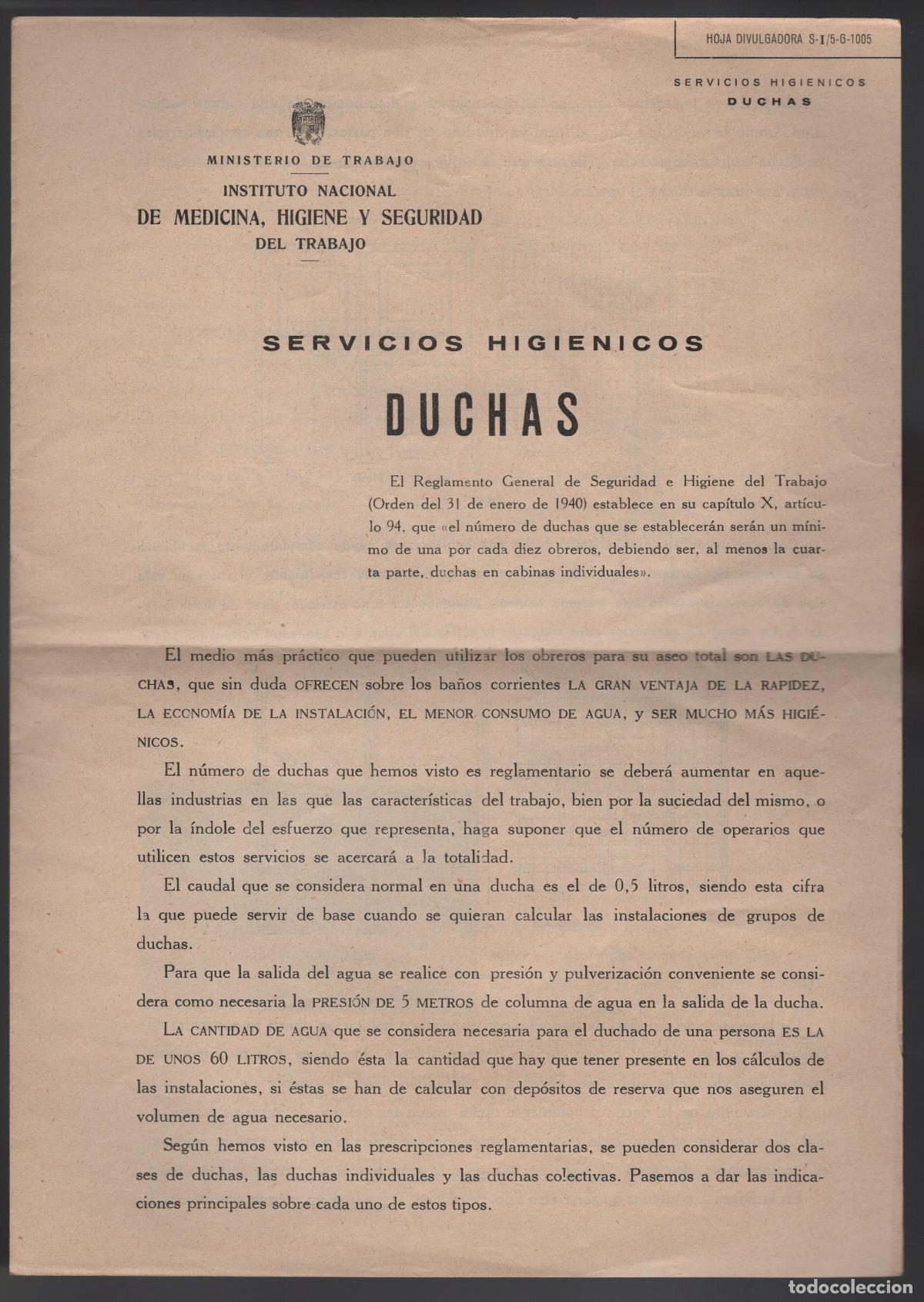 Sammelleidenschaft Andere Papierartikel: SERVICIOS HIGI&Eacute;NICOS. DUCHAS - MINISTERIO DE TRABAJO. INSTITUTO NACIONAL DE MEDICINA, HIGIENE