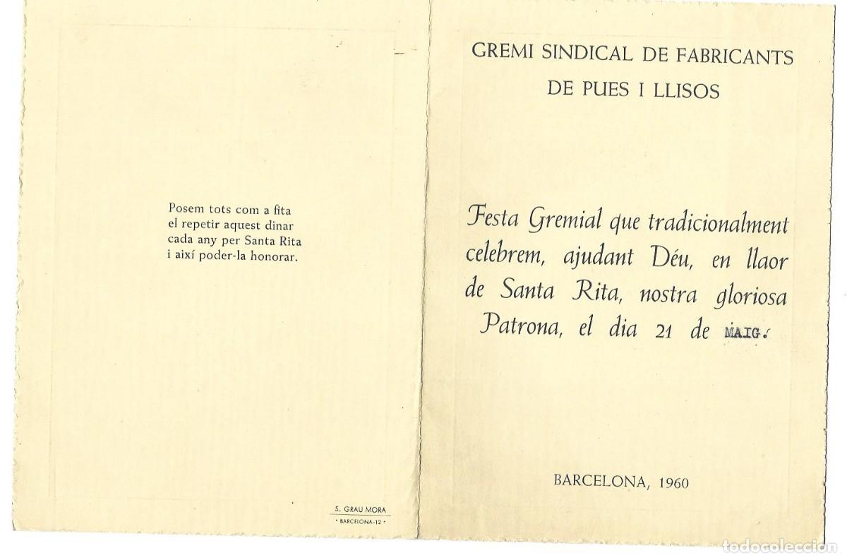 Otros art&iacute;culos de coleccionismo en papel: Men&uacute; dinar Festa gremial Santa Rita Fabricants de pues i llisos (Barcelona, 1960)