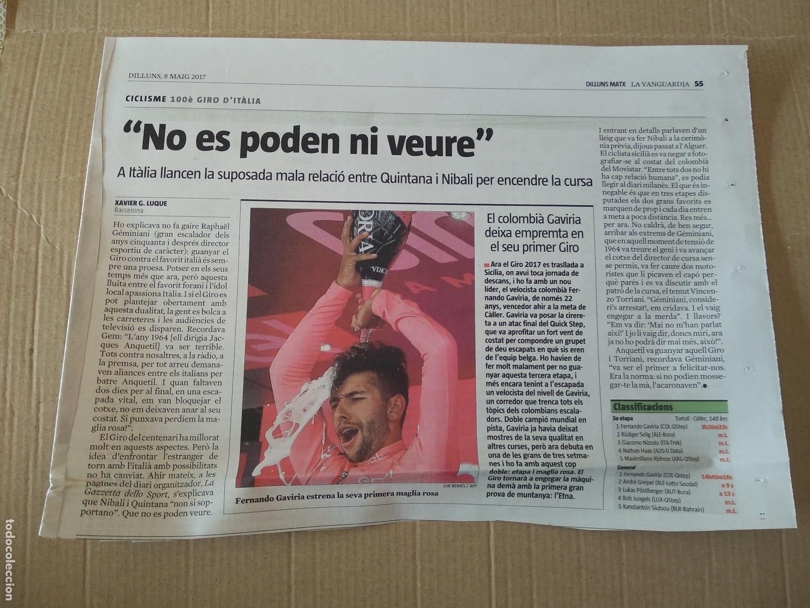 Otros Art&iacute;culos de Coleccionismo en Papel: RECORTE HOJA DIARIO LA VANGUARDIA FERNANDO GAVIRIA CICLISMO