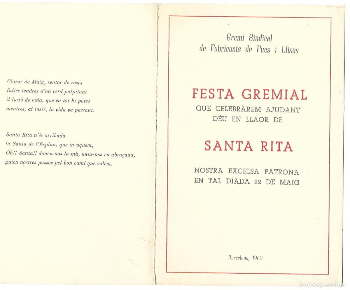 Otros art&iacute;culos de coleccionismo en papel: Men&uacute; dinar Festa gremial Santa Rita Fabricants de pues i llisos (Barcelona, 1963)