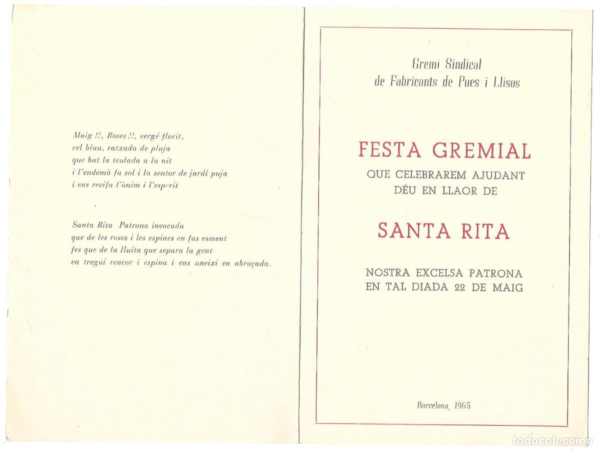 Otros art&iacute;culos de coleccionismo en papel: Men&uacute; dinar Festa gremial Santa Rita Fabricants de pues i llisos (Barcelona, 1965)