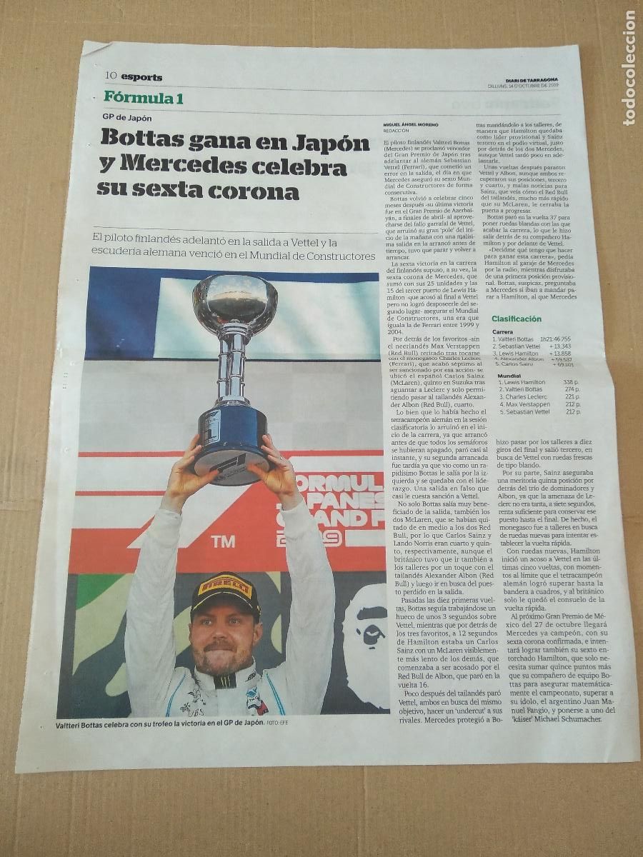 Otros Art&iacute;culos de Coleccionismo en Papel: HOJA DIARI DE TARRAGONA VALTTERI BOTTAS FORMULA 1 F1