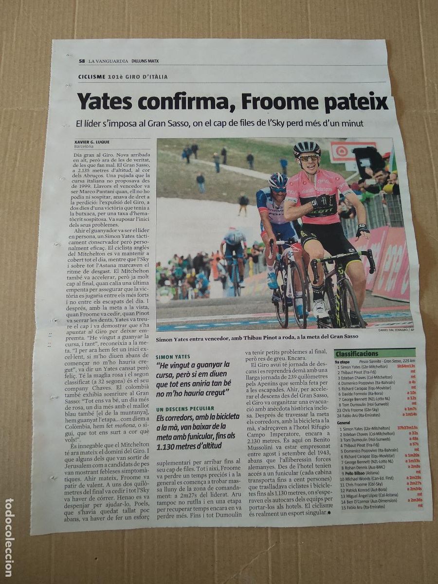 Otros Art&iacute;culos de Coleccionismo en Papel: RECORTE DIARIO LA VANGUARDIA SIMON YATES CICLISMO