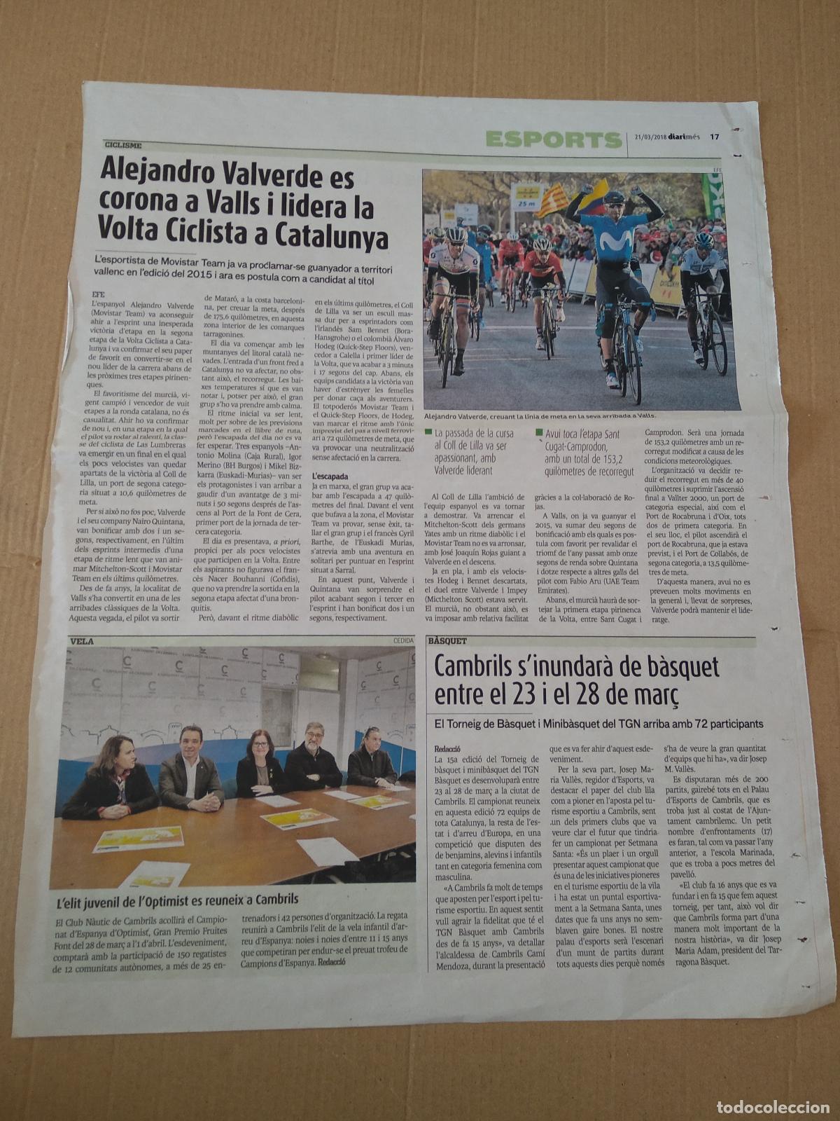 Otros Art&iacute;culos de Coleccionismo en Papel: RECORTE HOJA DIARI MES ALEJANDRO VALVERDE CICLISMO VOLTA CICLISTA CATALUNYA