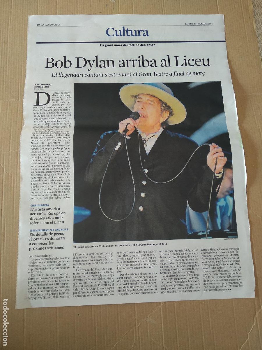 Otros Art&iacute;culos de Coleccionismo en Papel: HOJA DIARIO LA VANGUARDIA BOB DYLAN MUSICA CANTANTE