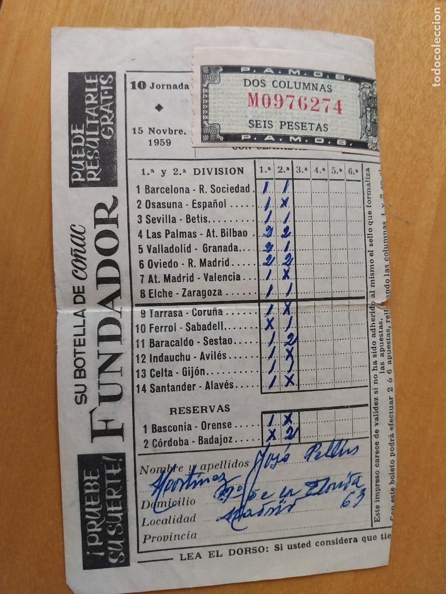Otros Art&iacute;culos de Coleccionismo en Papel: BOLETO QUINIELA 15 NOV 1959 ORIGINAL JUGADO
