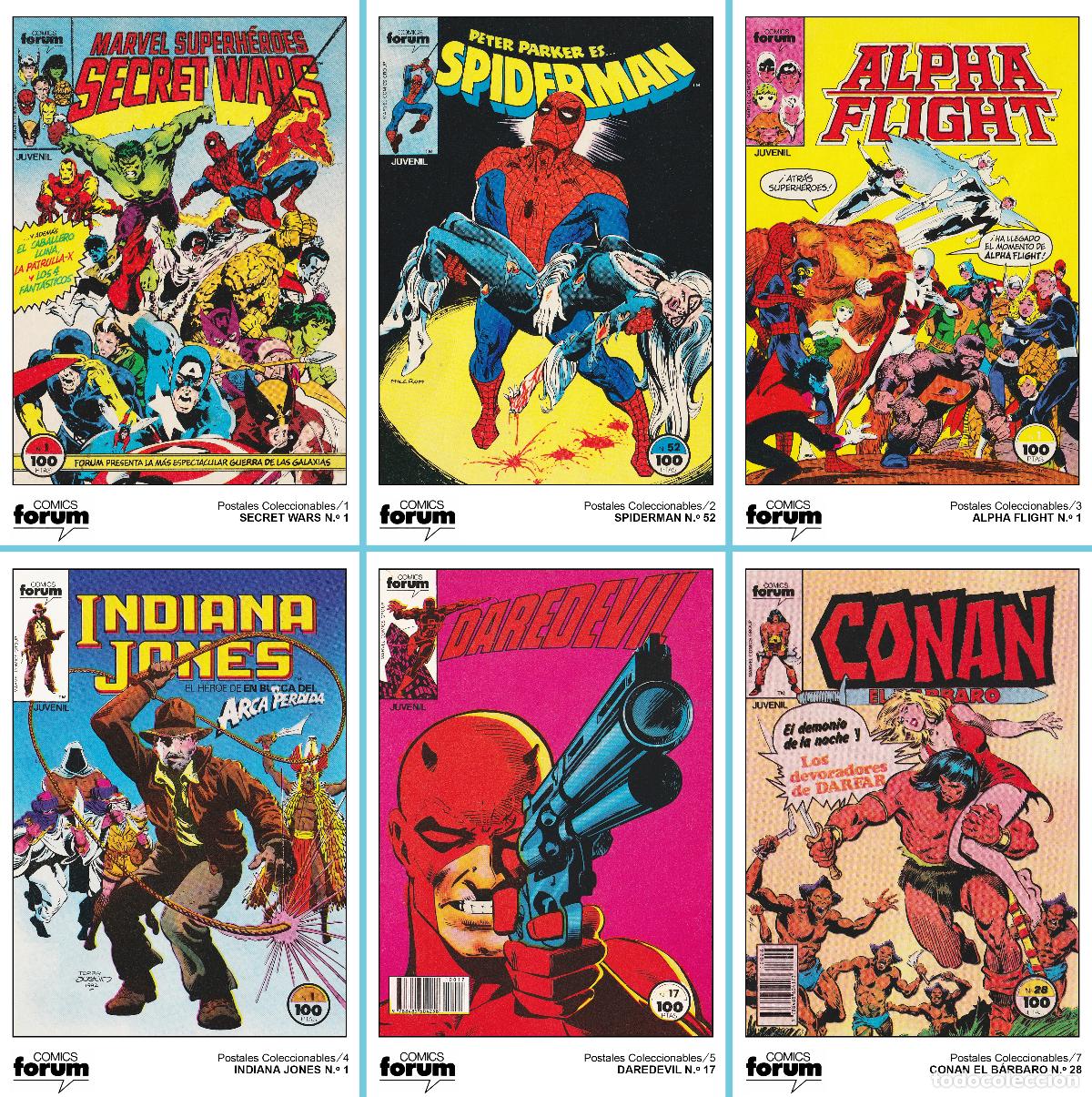 Otros Art&iacute;culos de Coleccionismo en Papel: POSTALES COMICS FORUM 1985 SECRET WARS, SPIDERMAN, INDIANA JONES, DAREDEVIL, CONAN 10x15 cm Oferta
