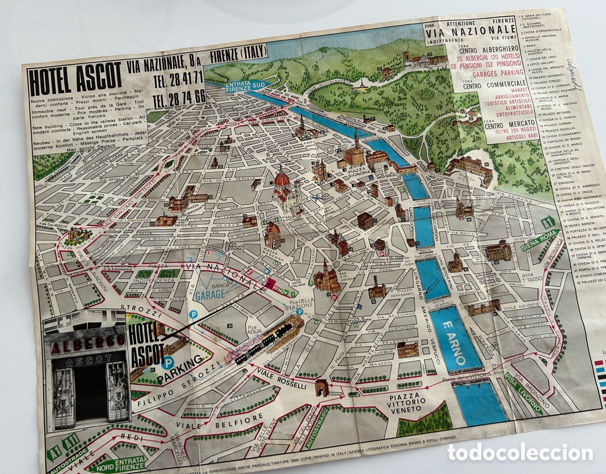 Altri oggetti di carta: HOTEL ASCOT. FLORENCIA. ANTIGUO FOLLETO CON PLANO Y PUBLICIDAD
