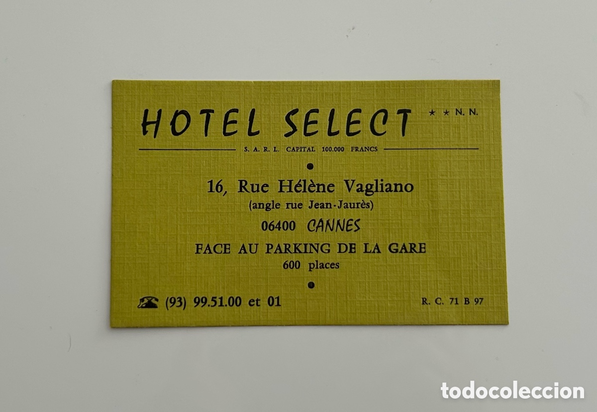 Otros art&iacute;culos de coleccionismo en papel: TARJETA DE VISITA DEL HOTEL SELECT. CANNES. TARJETA CON PLANO DE UBICACI&Oacute;N